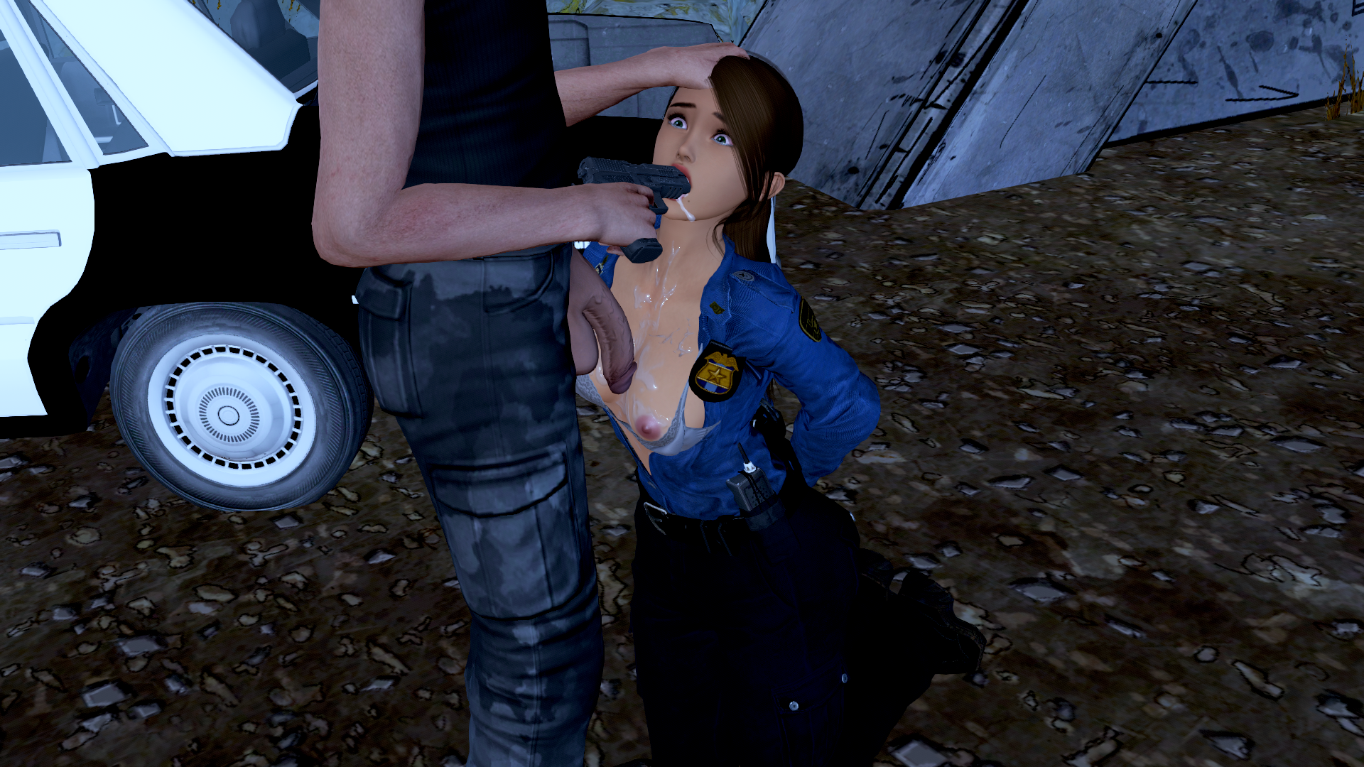 3d after_rape arms_behind_back bound_wrists bra_pull breasts breasts_out captured cop cop_outfit criminal cum_in_breasts cum_in_mouth fear female flaccid flaccid_penis grabbing_head gun gun_in_mouth gunpoint imminent_death kneeling male murderer nipples partially_clothed penis peril police police_car police_officer police_uniform policewoman rapist tears threatening threatening_with_weapon underwear violence