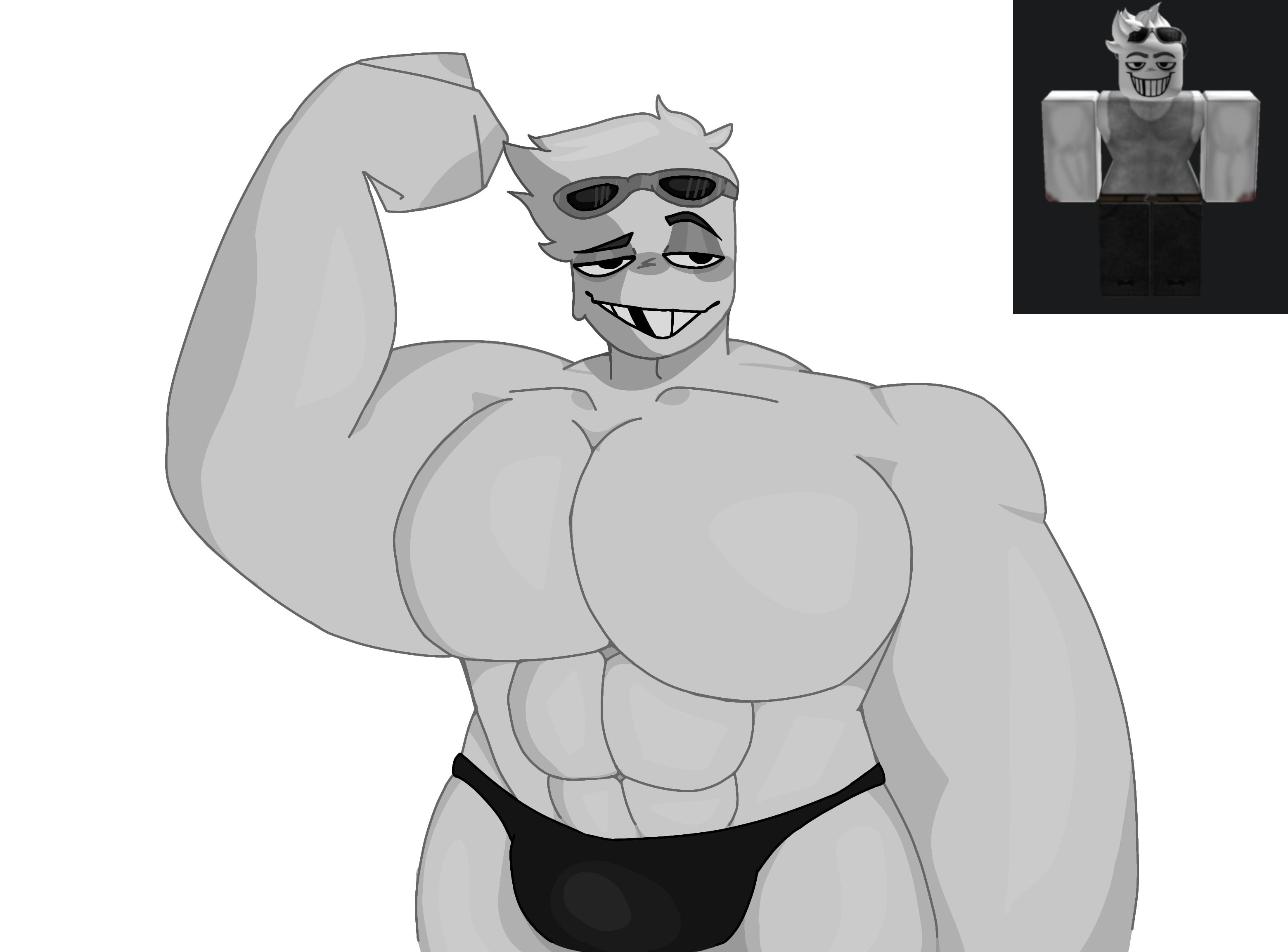 roblox, abs, bara, bulge, grinning, looking at viewer, missing tooth, pecs,...