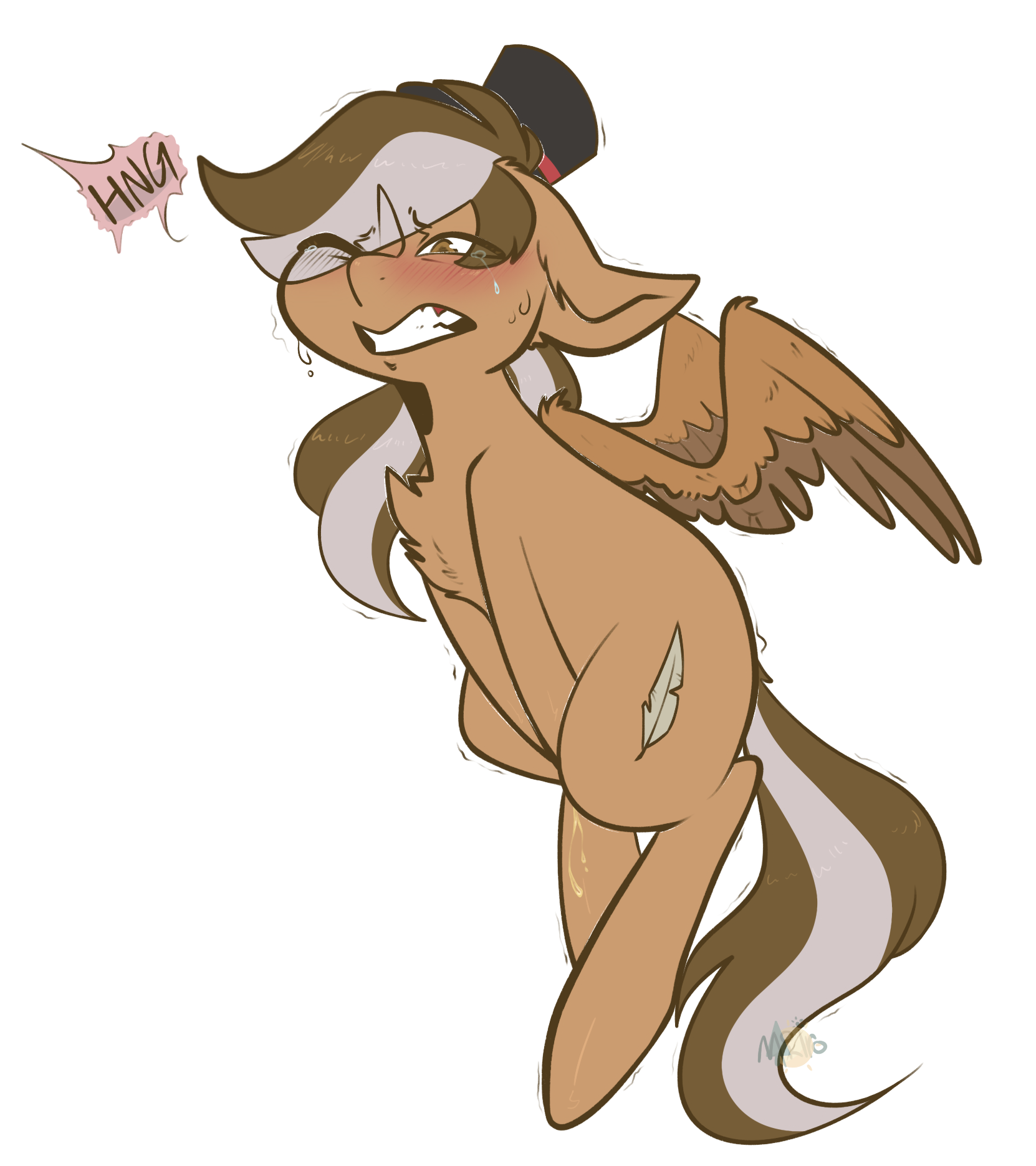 hasbro, my little pony, hi res, speech bubble, blush, bodily fluids, clothing, desperation, dialogue, dripping, equid, equine, female, feral, genital fluids, hat, headgear, headwear, horse, legs together, male, male/male, mammal, mokiro, omorashi, peeing, peeing on self, pony, solo, tears, top hat, urine, watersports, wetting, 