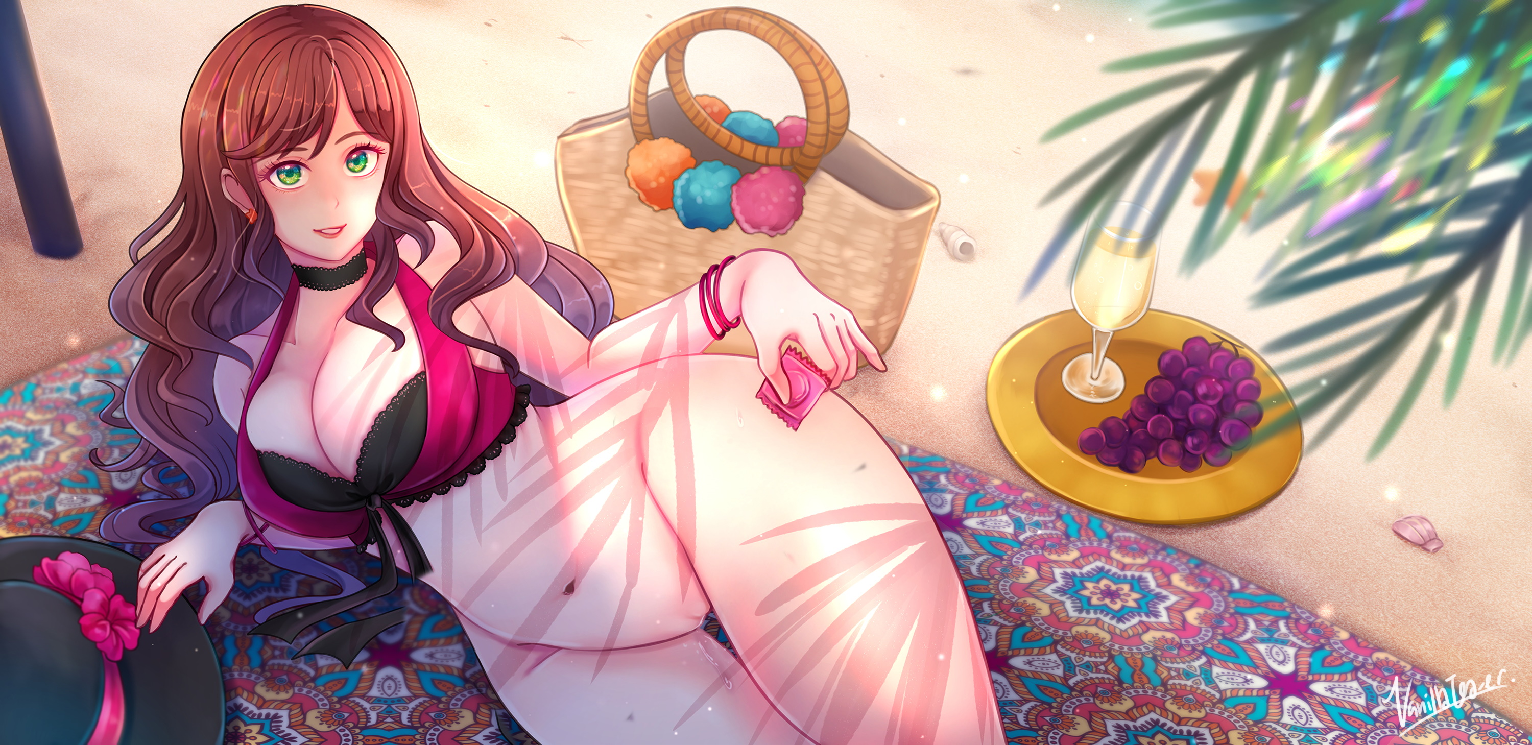 dorothea (fire emblem), dorothea arnault, fire emblem, fire emblem: three houses, fire emblem heroes, nintendo, edit, 1girls, bare legs, bare thighs, beach, big breasts, bikini, bottomless, brown hair, cleavage, condom, curvaceous, curvy, female, fruit, glass, green eyes, hat, huge breasts, large breasts, lips, long hair, looking at viewer, lying, midriff, on side, palm tree, pussy, seaside, shadow, smile, solo, solo female, swimsuit, thick thighs, thighs, towel, vanilla tea-er, voluptuous, 