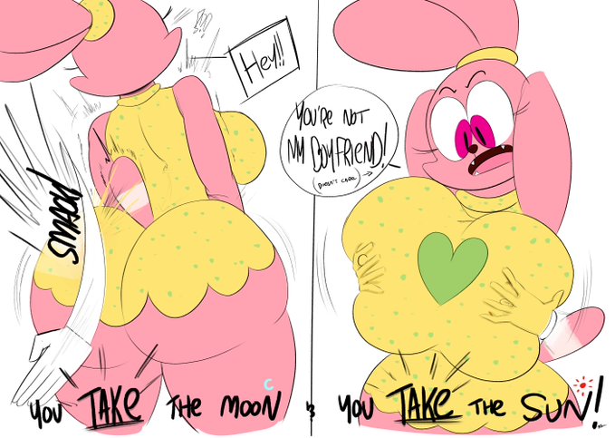 ota (artist), panini, panini (chowder), cartoon network, chowder, 2020, hi res, simple background, speech bubble, white background, anthro, ass, ass slap, big ass, big breasts, big butt, breast grab, breasts, bubble ass, bubble butt, dat ass, dress, eyelashes, fangs, feline, female, female only, furry, huge ass, large ass, pink eyes, pink fur, tail, 