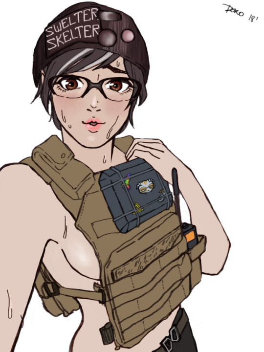 dorodoroart, dokkaebi, grace nam, rainbow six, rainbow six siege, asian, beanie, beanie hat, black hair, brown eyes, female, glasses, looking at viewer, mostly nude, short hair, sideboob, solo, sweat, vest, 