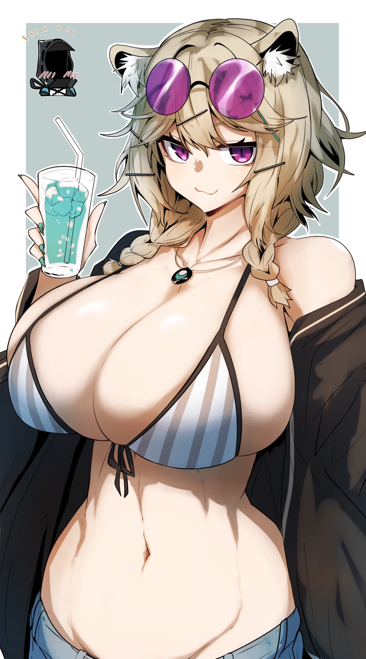 doctor (arknights), arknights, tagme, animal ears, big breasts, bikini top, blonde hair, breasts, cleavage, gin moku, glasses on head, holding object, looking at viewer, purple eyes, utage (arknights), utage (summer flowers) (arknights), 