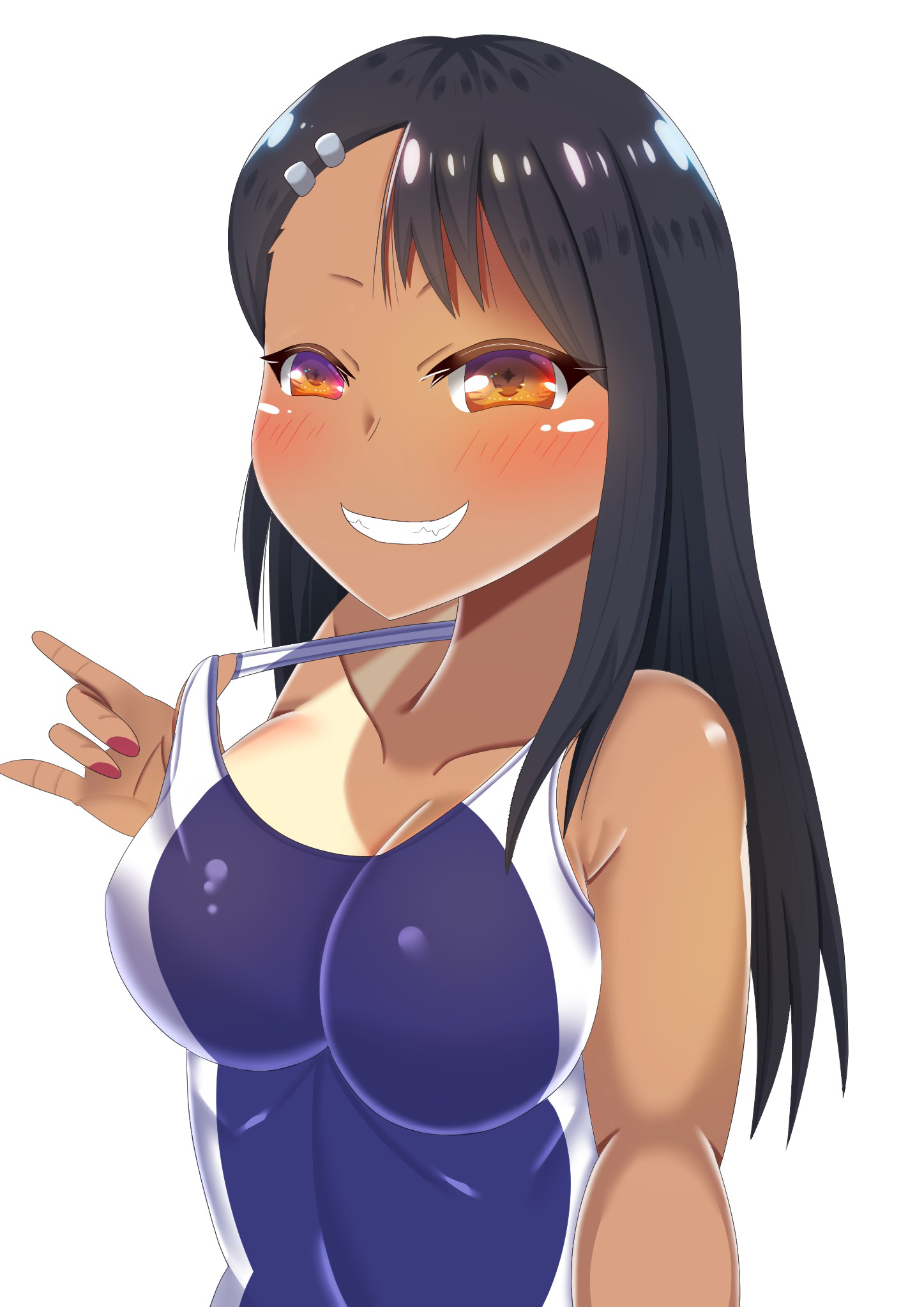 hayase nagatoro, hi res, highres, simple background, white background, 1girls, big breasts, black hair, blush, breasts, brown eyes, clothed, clothing, female, female focus, female only, long hair, looking at viewer, navel, revealing clothes, smile, solo, swimsuit, syamidare0220, tan, tan-skinned female, tan body, tan skin, tanline, tanned, tanned female, 