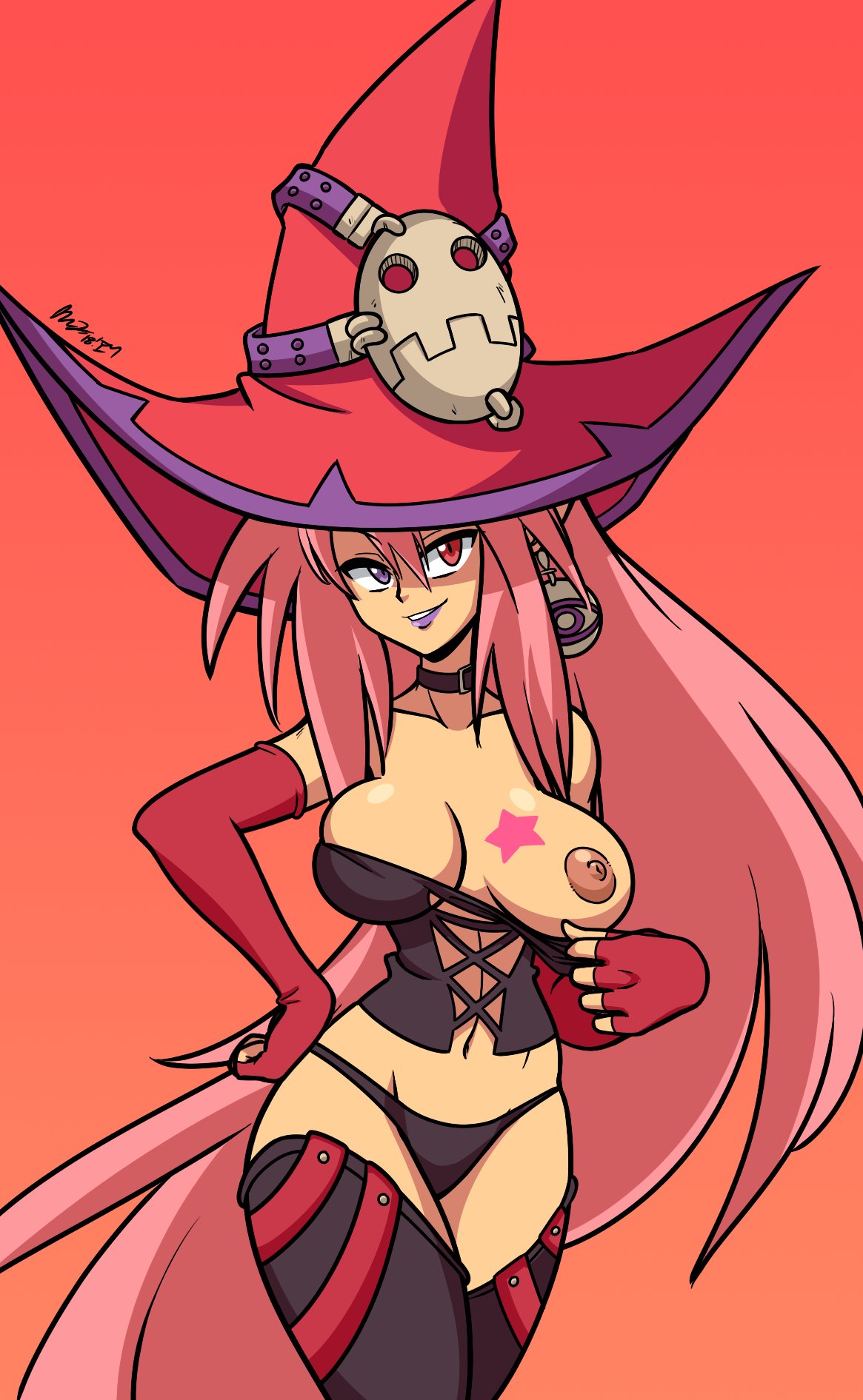 mergeritter, vanessa (luminous arc), luminous arc, highres, absurdly long hair, black legwear, black panties, breast tattoo, breasts, choker, corset, earrings, elbow gloves, female, fingerless gloves, fur trim, gloves, hand on hip, hat, heterochromia, large breasts, lipstick, long hair, looking at viewer, makeup, midriff, navel, one breast out, panties, pink hair, smile, solo, tattoo, thighhighs, underwear, very long hair, witch, witch hat, 
