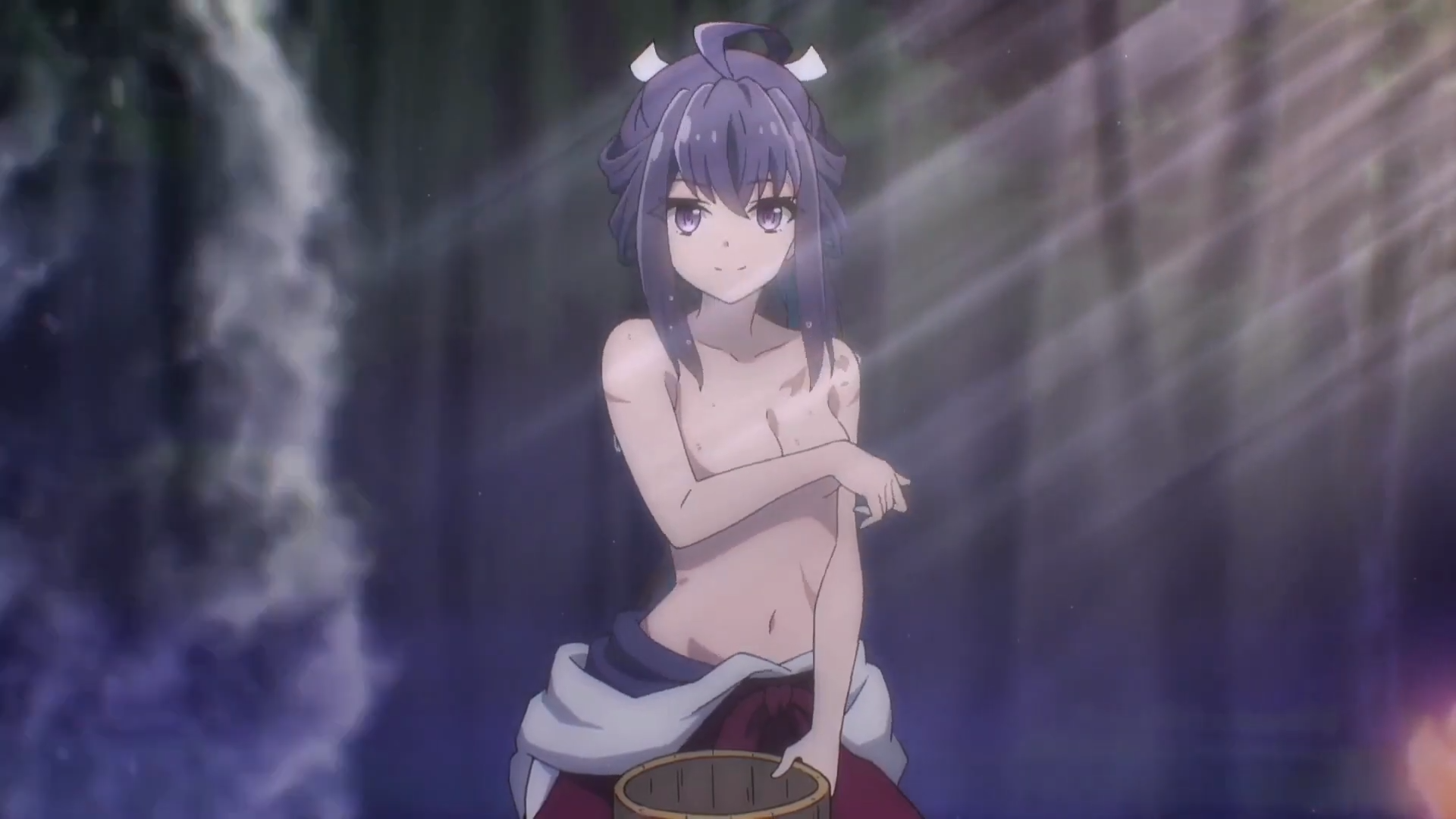 hi res, screencap, 1girls, breasts, cleavage, covering, covering breasts, female, female only, long hair, looking at viewer, medium breasts, nanao hibiya, navel, ponytail, purple hair, reign of the seven spellblades, smile, solo, topless, 