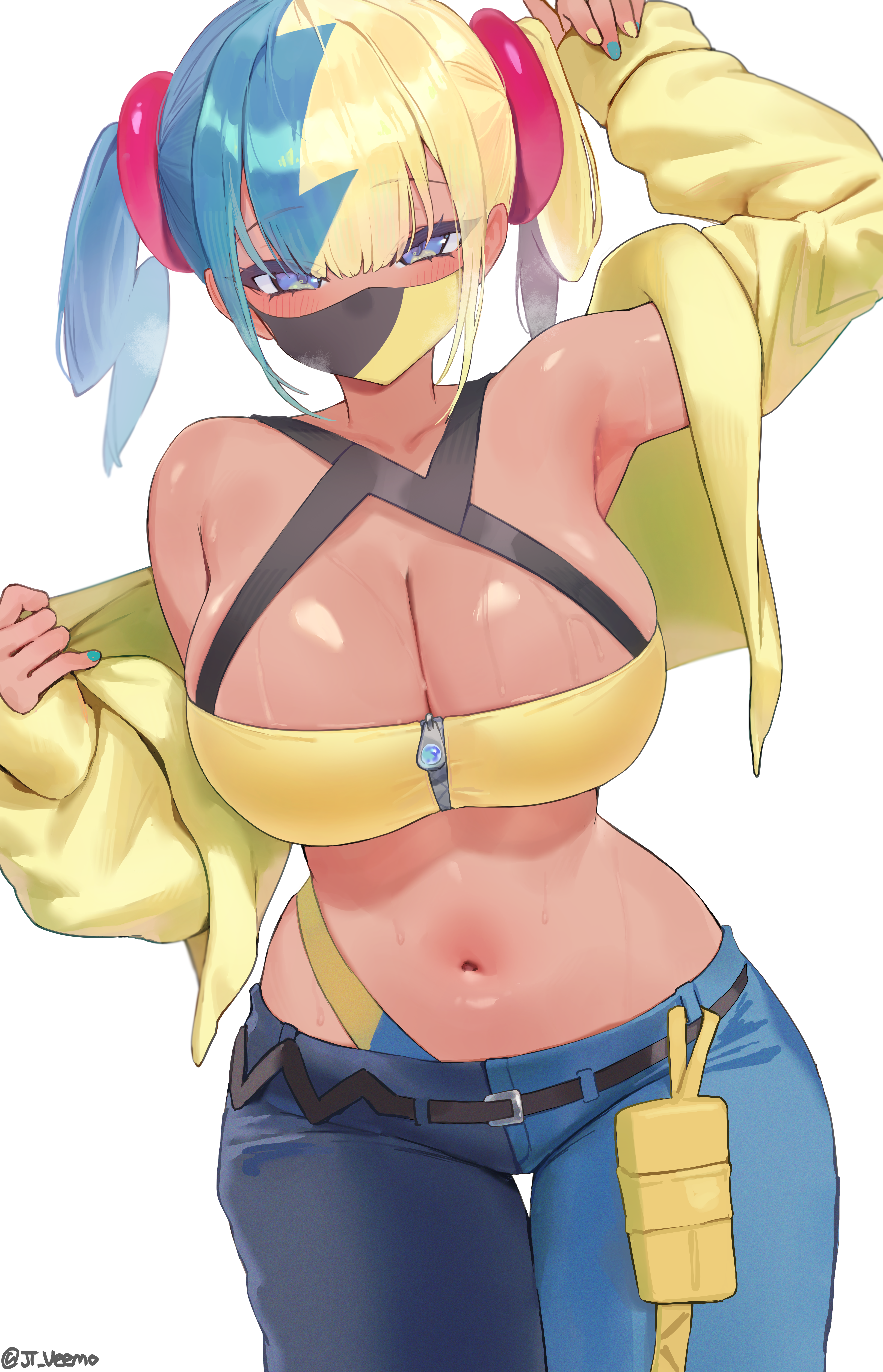1girls absurd_res artist_signature big_breasts breasts canari_(pokemon) cleavage clothing hi_res hourglass_figure jtveemo looking_at_viewer mask midriff navel pokemon pokemon_legends:_z-a simple_background sweat white_background wide_hips