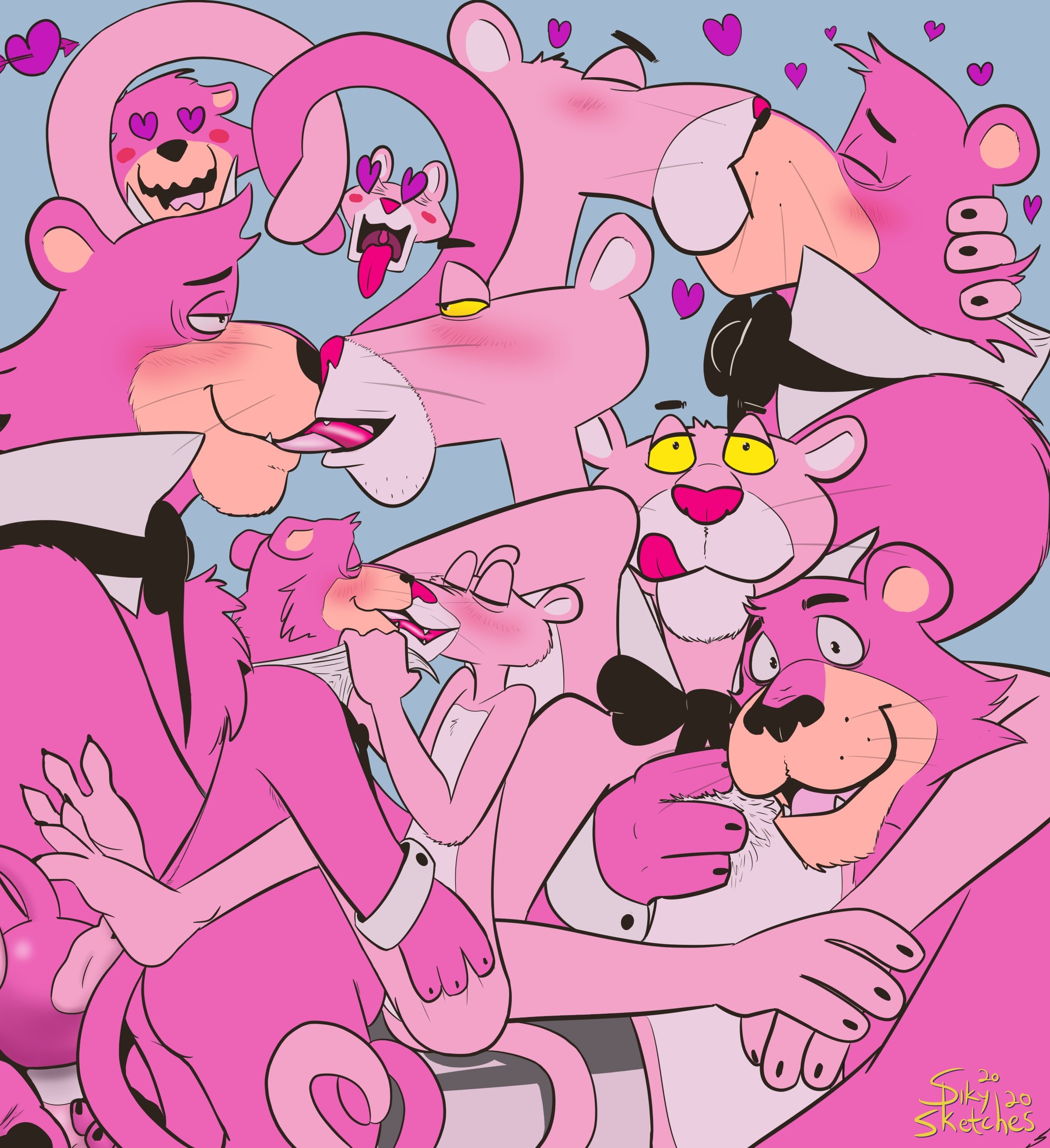 spikysketches, pink panther, snagglepuss, anthro, feline, furry, gay, kissi...