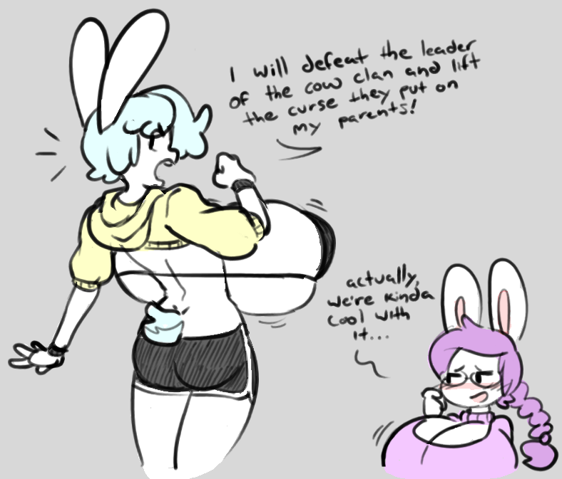 angstrom anthro anthro_only armband ass back_boob big_breasts blue_hair blush bottomwear bra braided_hair breasts cleavage cleavage_cutout clothed clothing cutout daughter_(lore) duo ellipsis english_text exclamation_point eyewear female glasses hair high_cut_jacket huge_breasts lagomorph leporid mammal marie_(angstrom) molly_(angstrom) mother_(lore) mother_and_child_(lore) mother_and_daughter mother_and_daughter_(lore) open_mouth original parent_(lore) parent_and_child_(lore) parent_and_daughter_(lore) ponytail purple_hair rabbit shorts small_butt sweater text top_heavy topwear underwear