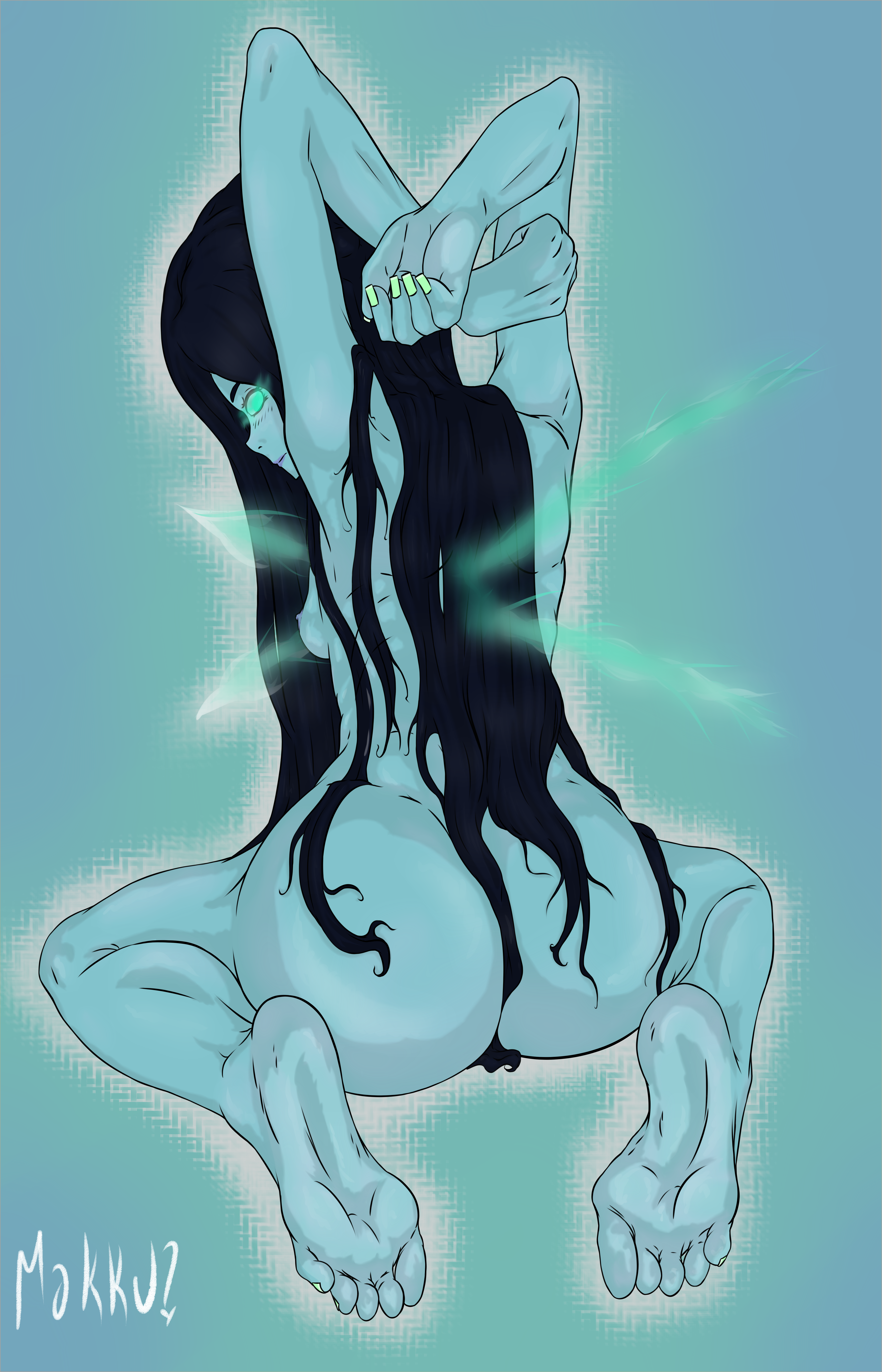 kalista, league of legends, ass, black hair, blue eyes, blue skin, feet, ghost, glowing eyes, long hair, makku makku, nail polish, skinny, small breasts, soles, toes, 