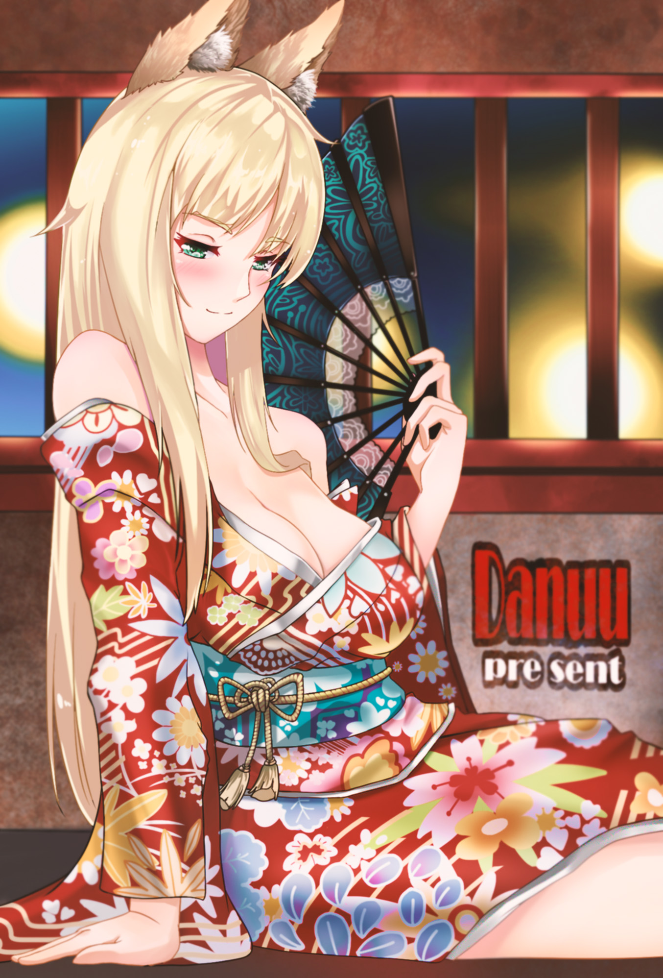haruhime, dungeon ni deai wo motomeru no wa machigatteiru darou ka, tagme, 1girls, big breasts, blonde hair, blush, cleavage, danuuu, fan, fox ears, fox girl, fox tail, kimono, sitting, smile, 