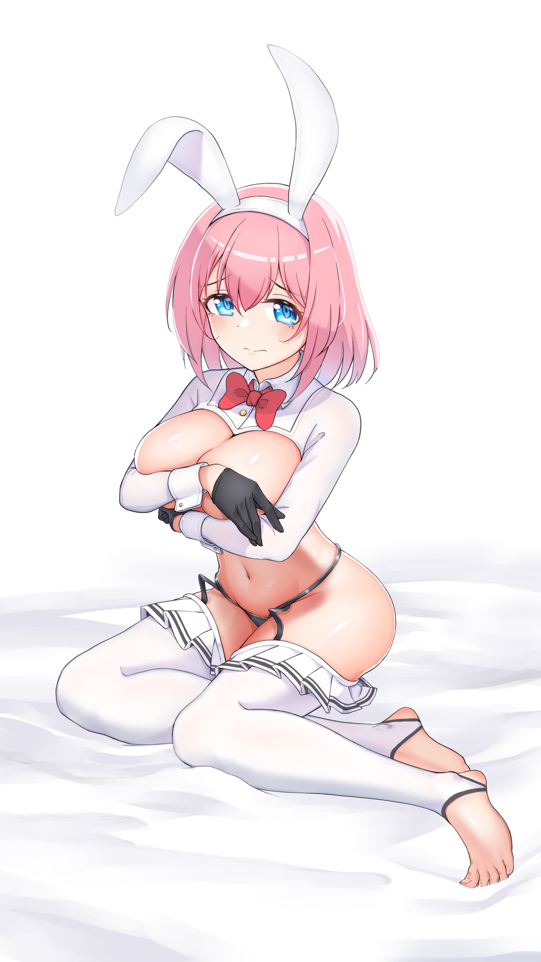 princess connect!, princess connect! re:dive, big breasts, blue eyes, blush, breasts, bunny ears, bunny girl, bunnysuit, gloves, light-skinned female, pale-skinned female, pink hair, ribbon, short hair, solo, solo female, thighhighs, thighs, white thighhighs, yui (princess connect!), 