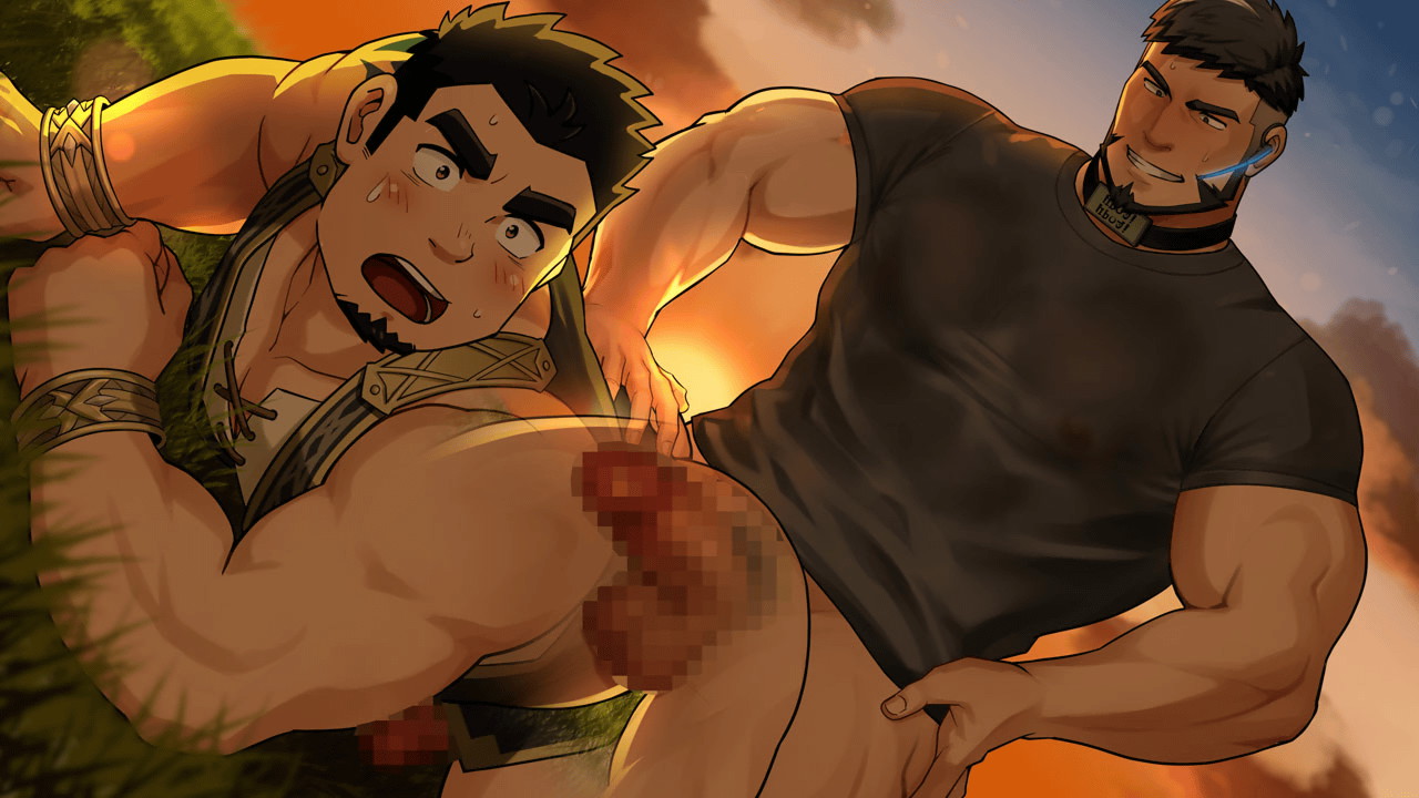 censored, mosaic censoring, official art, 2boys, anal, ass, bara, beard, belt, black belt, black gloves, black hair, black shirt, bottomless, bulge, cloud, crave saga, erection, erection under clothes, facial hair, gloves, goatee, large pectorals, male focus, multiple boys, muscular, muscular male, outdoors, pectorals, penis, protagonist (crave saga), sex, sex from behind, shirt, short hair, sidecut, sky, sunset, yaoi, 