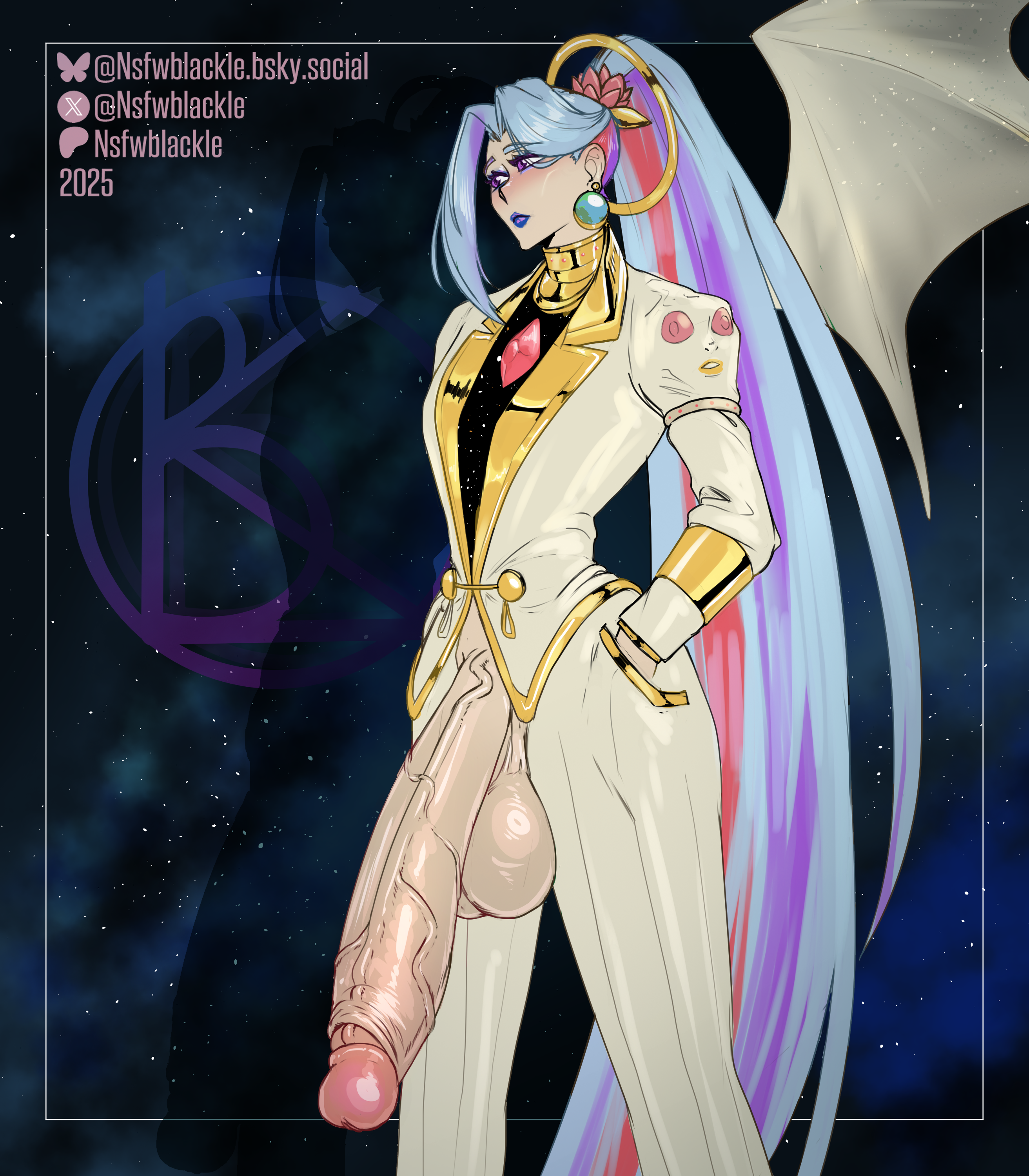 1futa artist_logo artist_name artist_signature background big_balls big_penis blue_hair blush chaos_(hades) clothed clothed_futa earrings full-package_futa futanari gold gold_(metal) gold_jewelry hades_(game) hades_2 hands_in_pockets huge_balls huge_cock light-skinned_futa light-skinned_futanari long_hair long_penis looking_away makeup multicolored_hair nsfwblackle only penis_out purple_eyes retracted_foreskin small_waist social_media space sparkles suit thick_penis three-tone_hair veiny_penis watermark wings