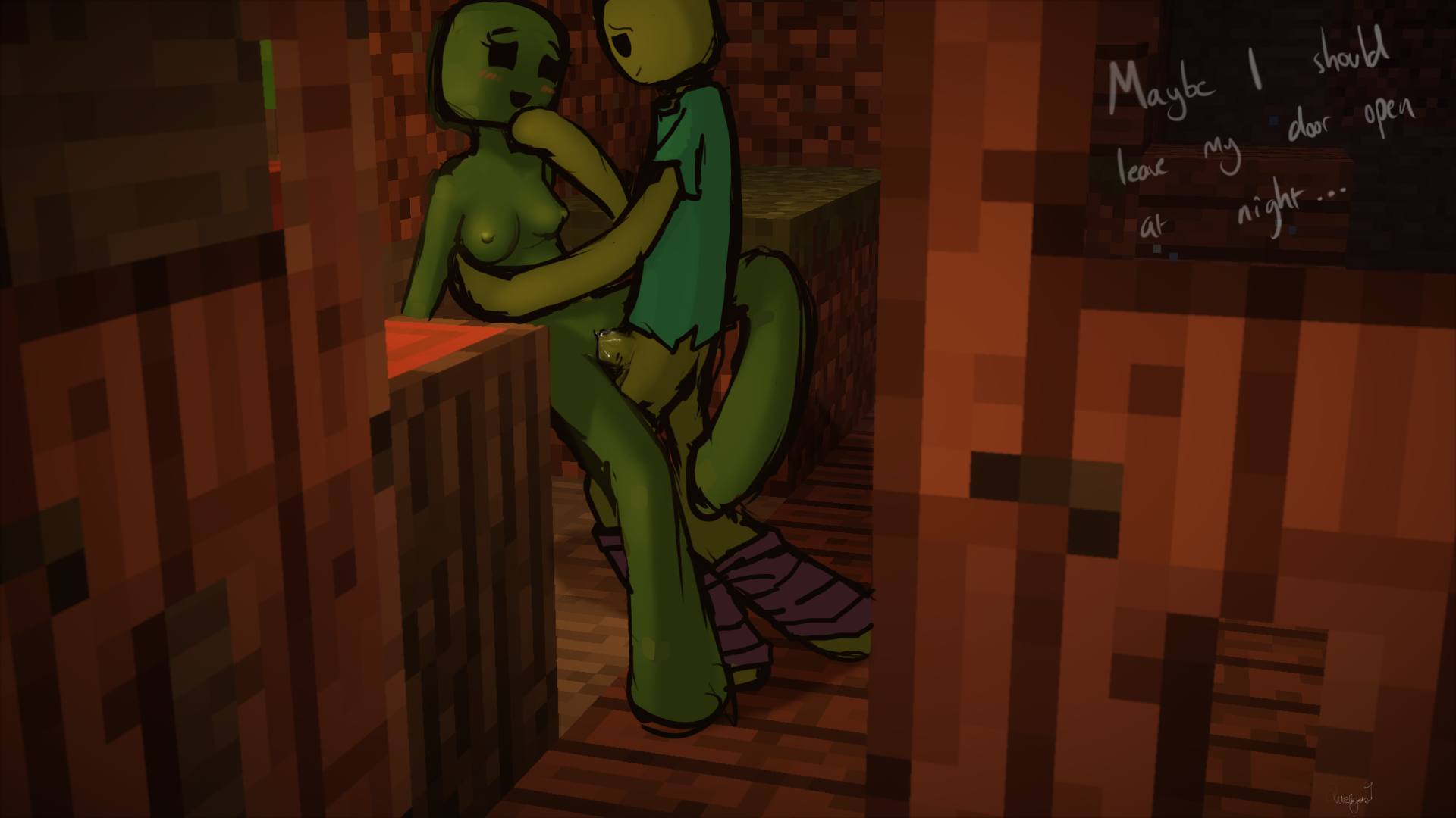 qwertyas1, creeper, minecraft, text, breasts, dialogue, female, interspecie...