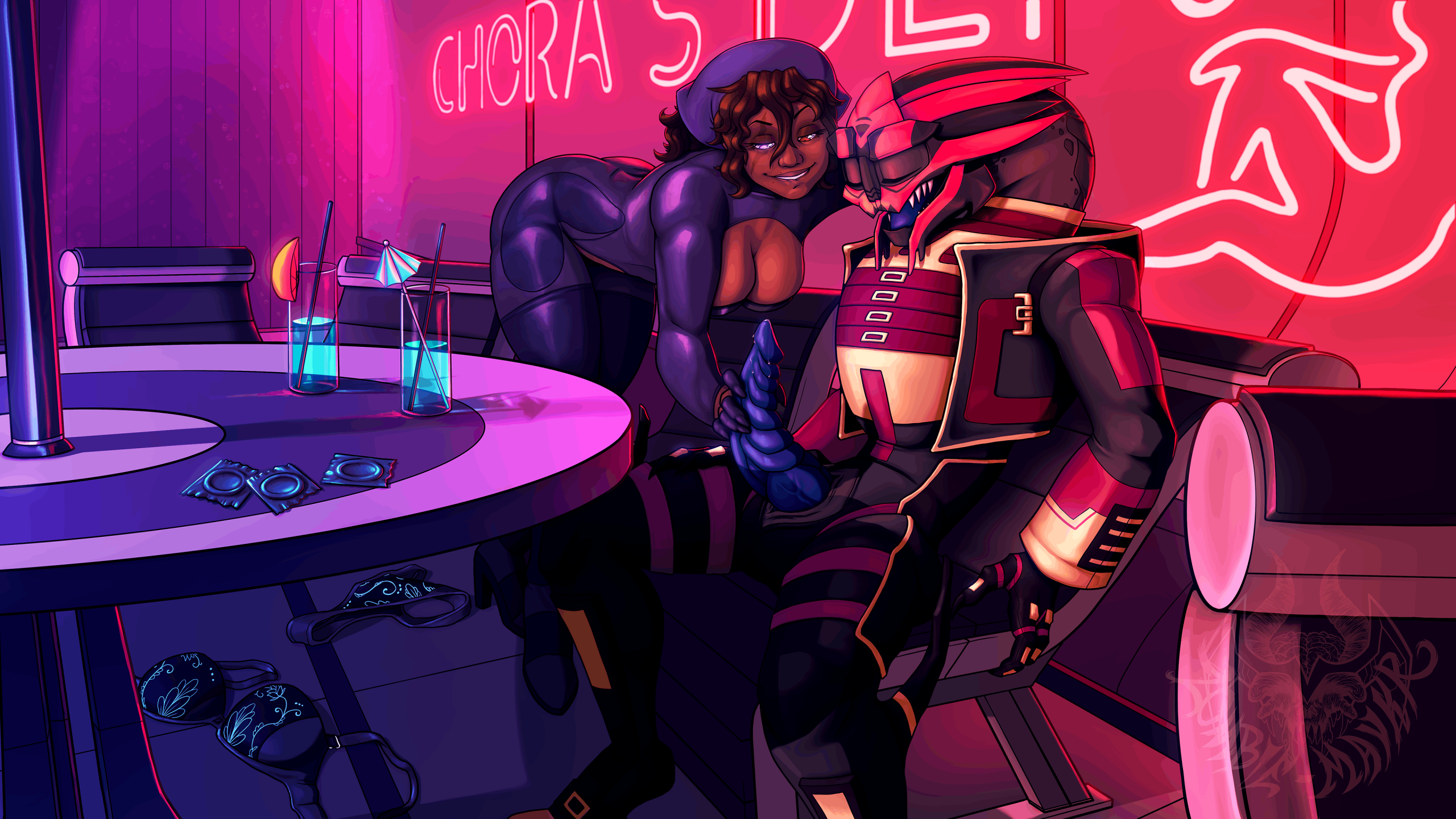 1boy alcohol alien animal_genitalia ass beverage bioware bite biting_lip blind_eye blue_penis blue_tongue bodily_fluids bodypaint breasts chair cleavage cleavage_cutout closed_eyes clothed clothed_sex clothing condom cutout discarded_bra discarded_clothing discarded_panties discarded_underwear drink_umbrella dripping duo electronic_arts erection face_paint facial_scar female footwear fruit_slice furniture genital_fluids genital_slit genitals glass hair handjob hanging_breasts hi_res high_heels human inside interspecies leaning leaning_forward looking_at_genitalia looking_at_penis male male/female male_focus mammal mass_effect neon_lights neon_sign nightclub on_chair open_mouth panties partially_clothed penile penis precum precum_drip precum_on_penis public public_sex scar sex sexual_barrier_device shoes sign sitting smile standing strip_club table teeth tight_clothing tongue turian underwear unzipped unzipped_pants vein veiny_penis xenophilia zipper zombie_maykr