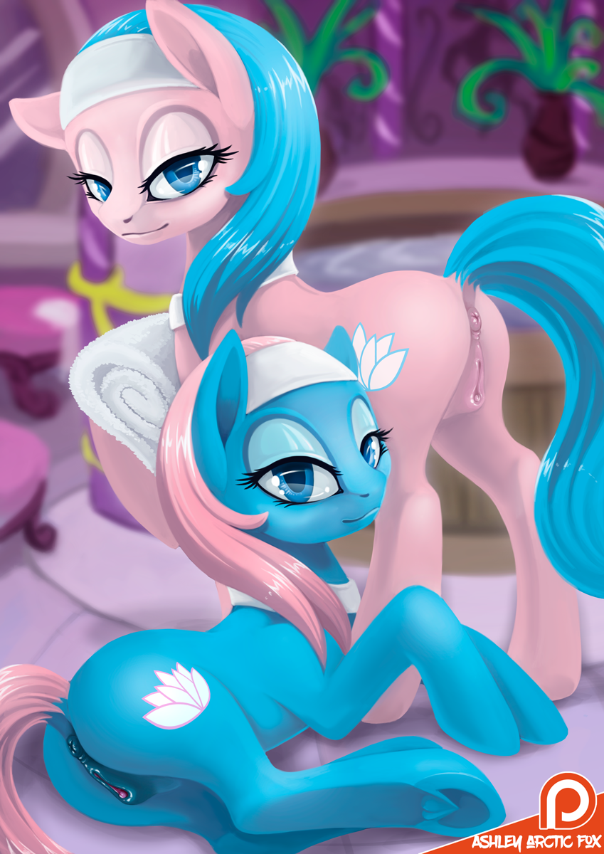ashley-arctic-fox, aloe (mlp), lotus (mlp), friendship is magic, my little pony, 2017, hi res, patreon, anatomically correct, anatomically correct pussy, animal genitalia, animal pussy, anus, ass, blue eyes, clitoris, cutie mark, duo, earth pony, equine, equine pussy, female, feral, hair, half-closed eyes, horse, inside, looking at viewer, lying, mammal, pink hair, pony, pussy, sibling, sisters, towel, 