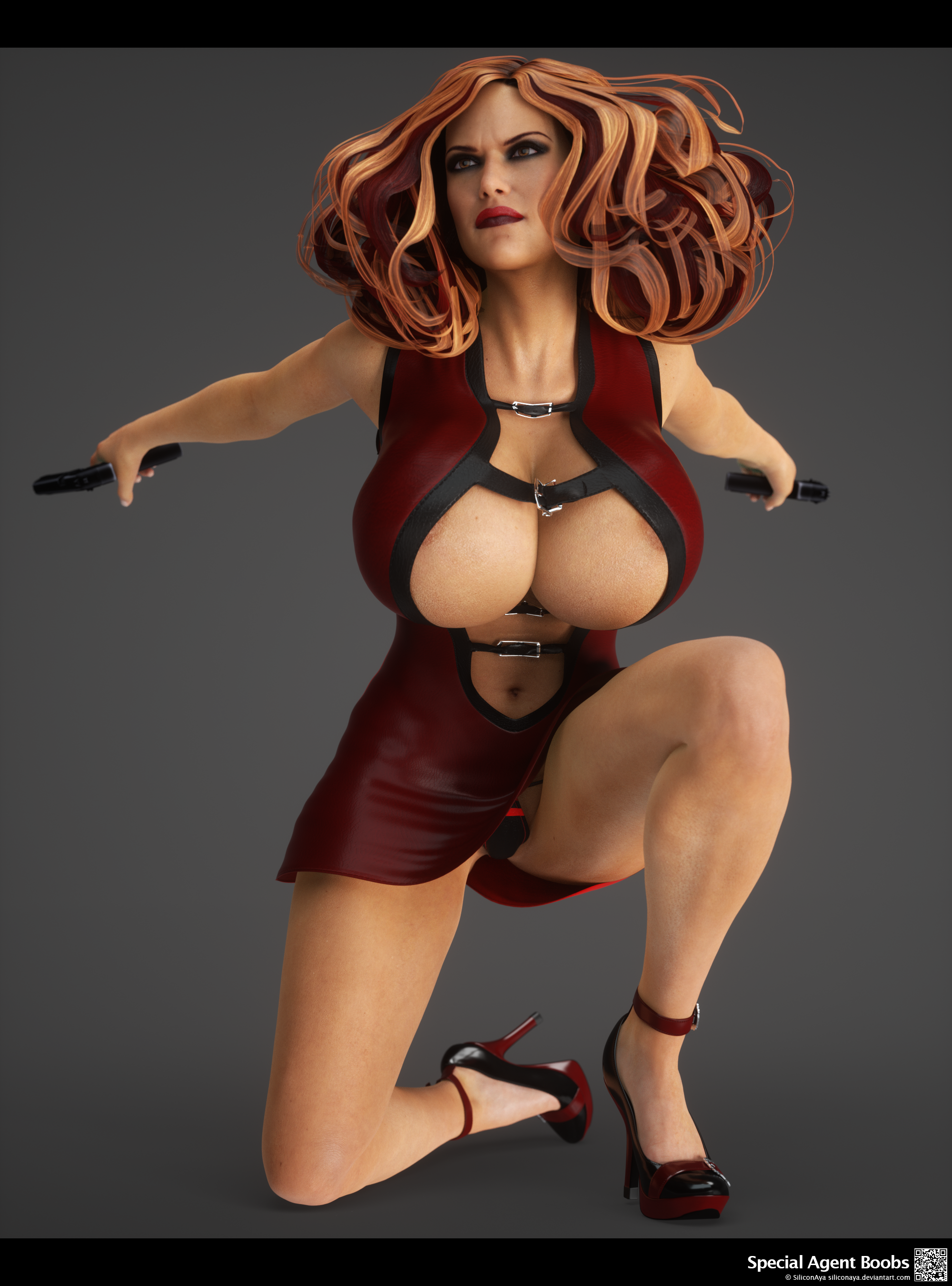 siliconaya, original character, 3d, pose, simple background, 1girls, areola slip, artist name, big breasts, brown eyes, brown hair, busty, cleavage, curvy, dress, eyelashes, eyeshadow, female, female only, front view, gun, high heels, holding object, hourglass figure, human, kneeling, lipstick, long hair, makeup, posing, red dress, red lipstick, reflection, solo, thong, voluptuous, weapon, wide hips, 