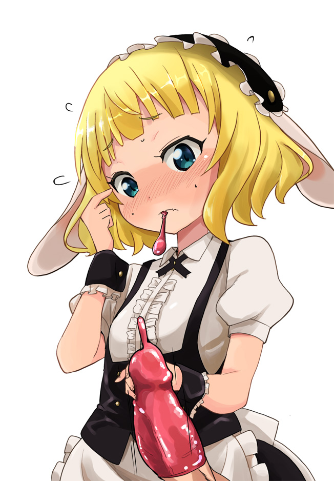 sasaki bullet, kirima sharo, gochuumon wa usagi desu ka?, simple background, white background, blonde hair, blush, condom, condom in mouth, condom on penis, erection, female, looking down, maid, maid headdress, mouth hold, penis, puffy short sleeves, puffy sleeves, shiny, short sleeves, solo focus, used condom, 