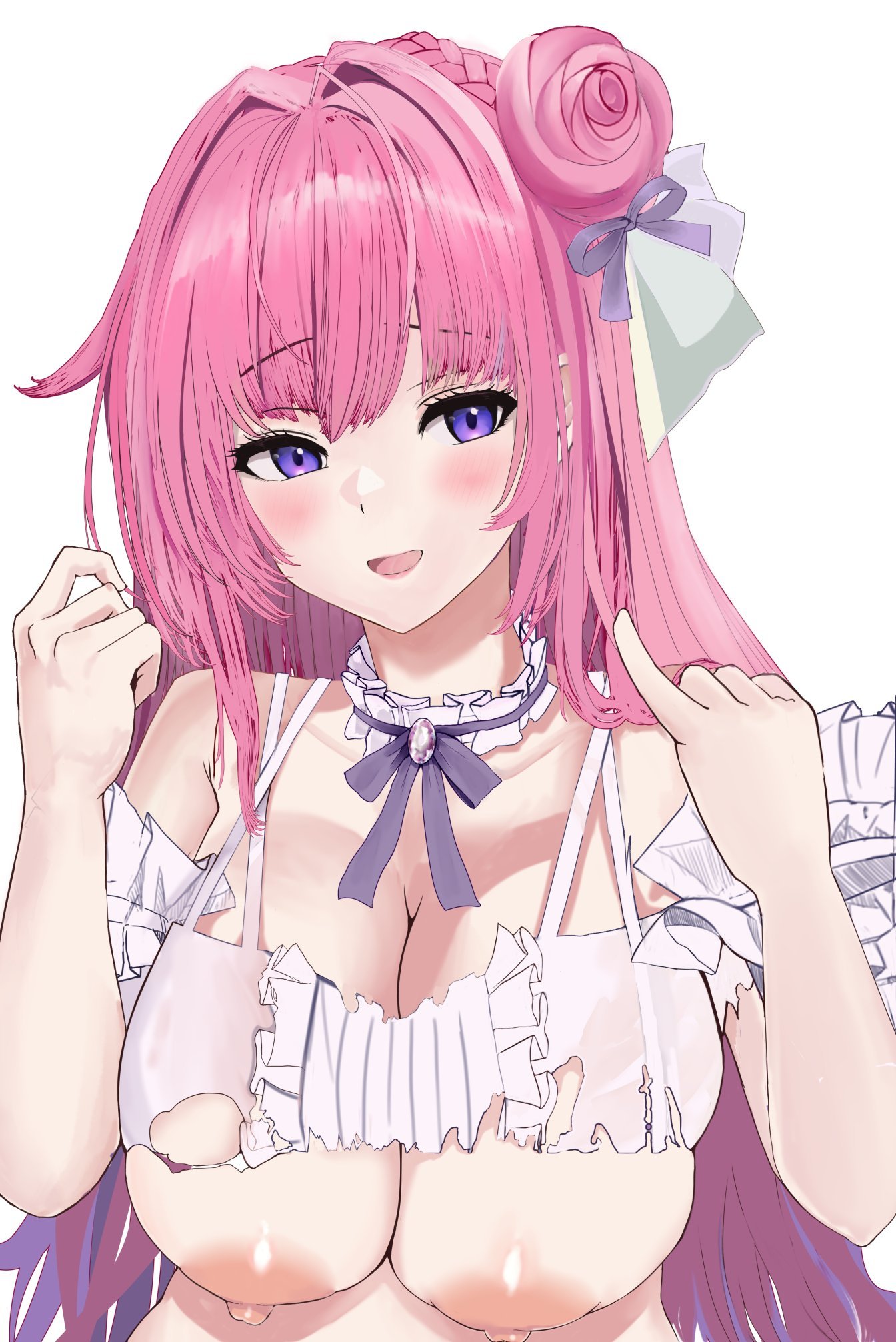 high resolution, simple background, white background, :o, bare shoulders, bethlehemteam, blush, bow, braid, breasts, breasts out of clothes, buttons, clavicle, cleavage, clothing, detached sleeves, dorothy (nikke), dress, embarrassed, female, frilled dress, frills, goddess of victory: nikke, hair bun, hair ornament, hair ribbon, large breasts, long hair, looking at viewer, open mouth, pink hair, purple bow, purple eyes, purple ribbon, ribbon, single side bun, solo, tied hair, torn clothes, upper body, white dress, 