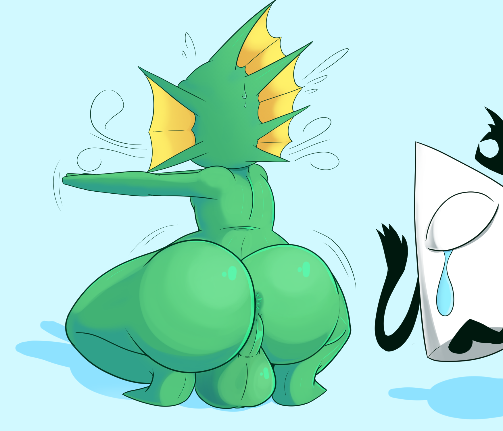 not safe for reality, fish (nuclear throne), yung venuz, nuclear throne, 2019, blue background, hi res, simple background, 1boy, ambiguous gender, anthro, anthrofied, anus, ass, backsack, balls, big ass, big balls, big butt, bubble ass, bubble butt, butt, crying, dat ass, duo, exercise, fish, green balls, green scales, huge ass, huge butt, male, male focus, marine, motion lines, ok hand, scales, solo focus, sweat, tears, testicles, thick, thick ass, thick thighs, white body, wide hips, yellow scales, 