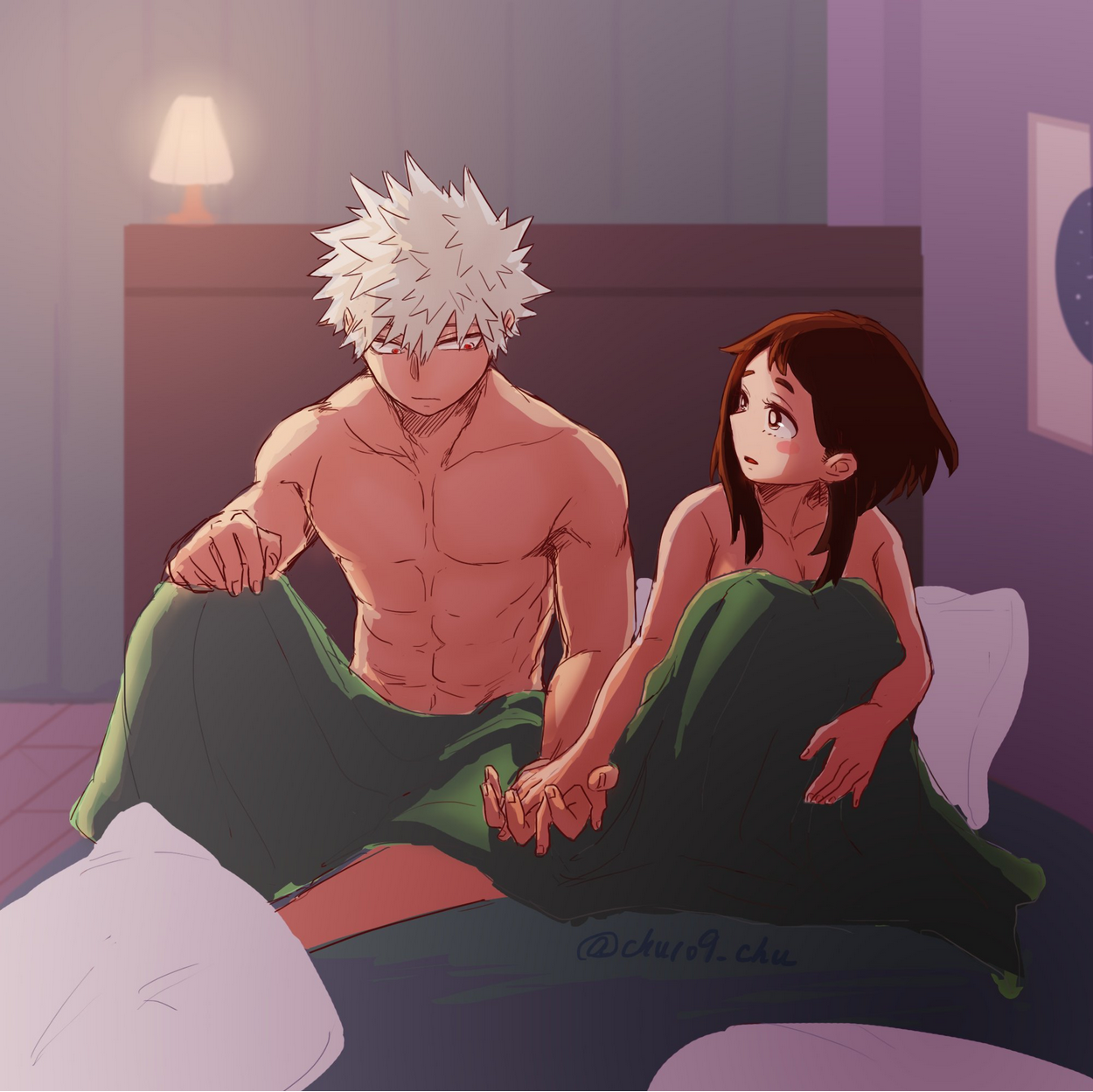 katsuki bakugou, ochako uraraka, my hero academia, 1boy1girl, 1girls, after sex, bedroom, female, holding hands, in bed, interlocked fingers, male/female, morning after, muscular, straight, under covers, undressed, 