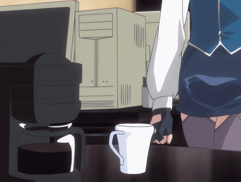 00s 1girls 2006 animated bible_black bible_black_new_testament breasts brown_hair cleavage cleavage_cutout clothing_cutout coffee coffee_mug female gloves green_eyes high_heels imari_kurumi indoors large_breasts long_hair shin_bible_black side_ponytail sitting sitting_on_table skirt smile tagme thighhighs tokken_division zettai_ryouiki