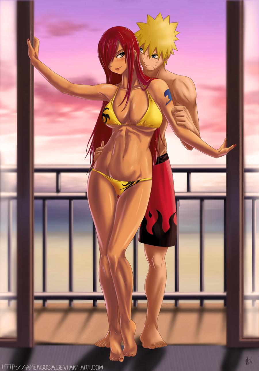 amenoosa, erza scarlet, uzumaki naruto, fairy tail, naruto, crossover, 1boy, 1girls, arm tattoo, barefoot, bikini, blue eyes, blush, breasts, brown eyes, cleavage, facial markings, feet, female, grabbing, grabbing from behind, hair over one eye, hand on waist, looking at another, male, shorts, smile, standing, sunset, tattoo, toes, whisker markings, whiskers, yellow hair, 