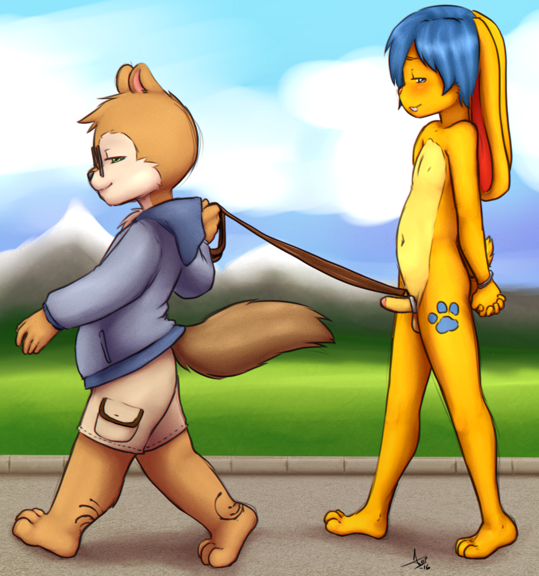 aogami, jeffybunny, anthro, balls, blue hair, blush, bound, brown fur, buckteeth, chipmunk, eyewear, fur, fur markings, furry, glasses, green eyes, male, mammal, markings, nude, outdoors, penis, public nudity, rabbit, rodent, teeth, uncut, yaoi, yellow fur, zayne, 