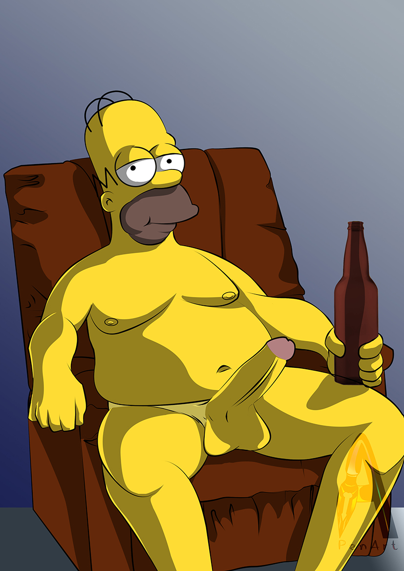 penart, homer simpson, the simpsons, bald, bara, beer, daddy, erection, male, male only, mature male, penis, 