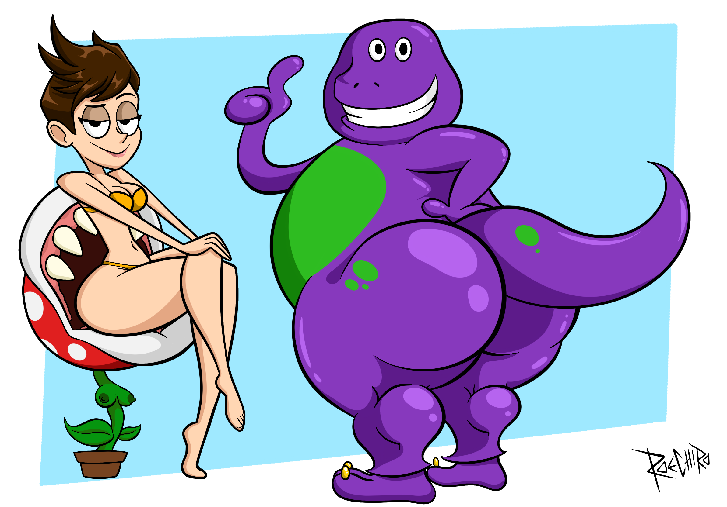 barney, piranha plant, tracer, barney and friends, overwatch, crossover, an...