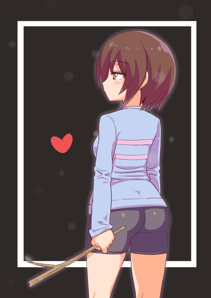 frisk, undertale, amber eyes, bike shorts, brown hair, sweater, tight cloth...