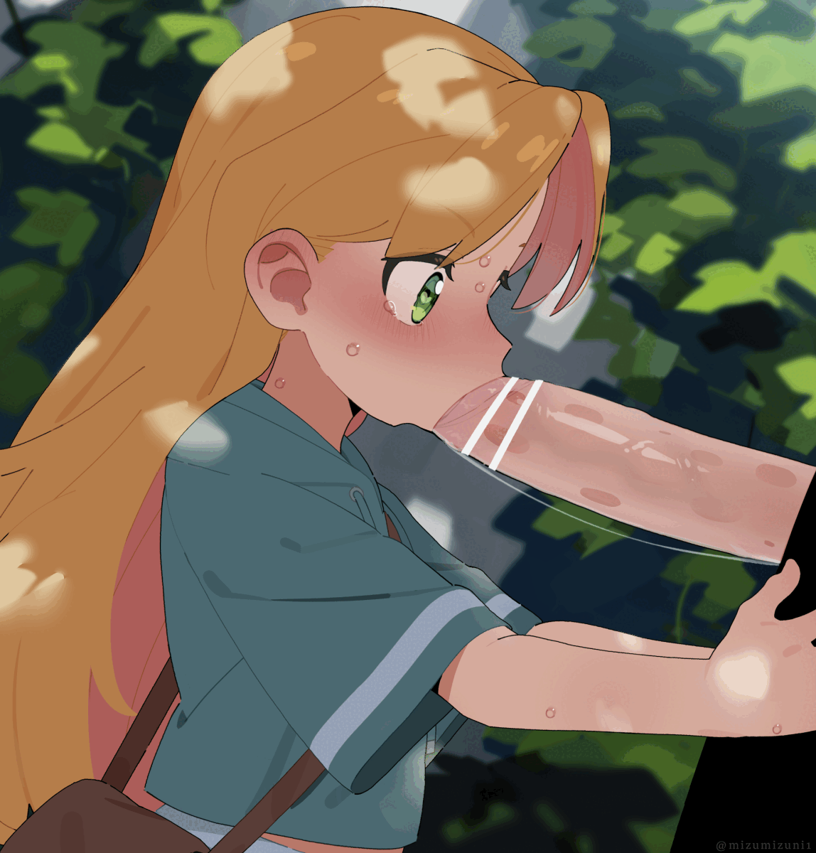 1boy absurdres animated aqua_jacket bar_censor blonde_hair blush censored colored_inner_hair commentary_request fellatio female green_eyes heart heart-shaped_pupils highres jacket long_hair loop mizumizuni multicolored_hair open_mouth oral outdoors penis pink_hair ruri_no_houseki short_sleeves solo_focus straight sweat symbol-shaped_pupils tanigawa_ruri two-tone_hair