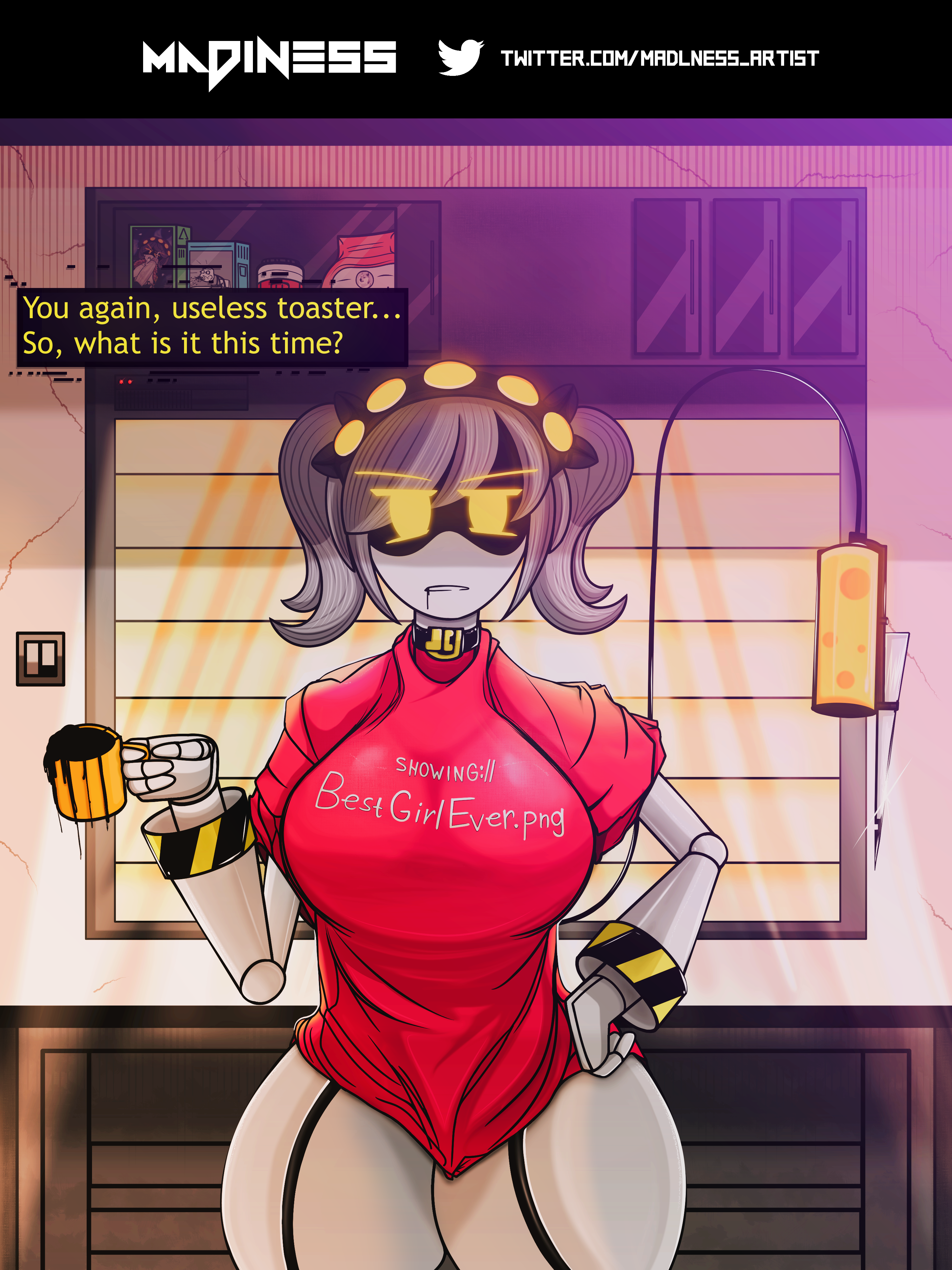 colored, digital media (artwork), text, 1girls, acid, background, clothes, cup, female only, glitch productions, gray hair, grey skin, j (murder drones), kitchen, madlness, mouth, murder drones, oil, robot, robot girl, shadow, t-shirt, tail, talking to viewer, text box, text on clothing, text on shirt, twintails, yellow eyes, 