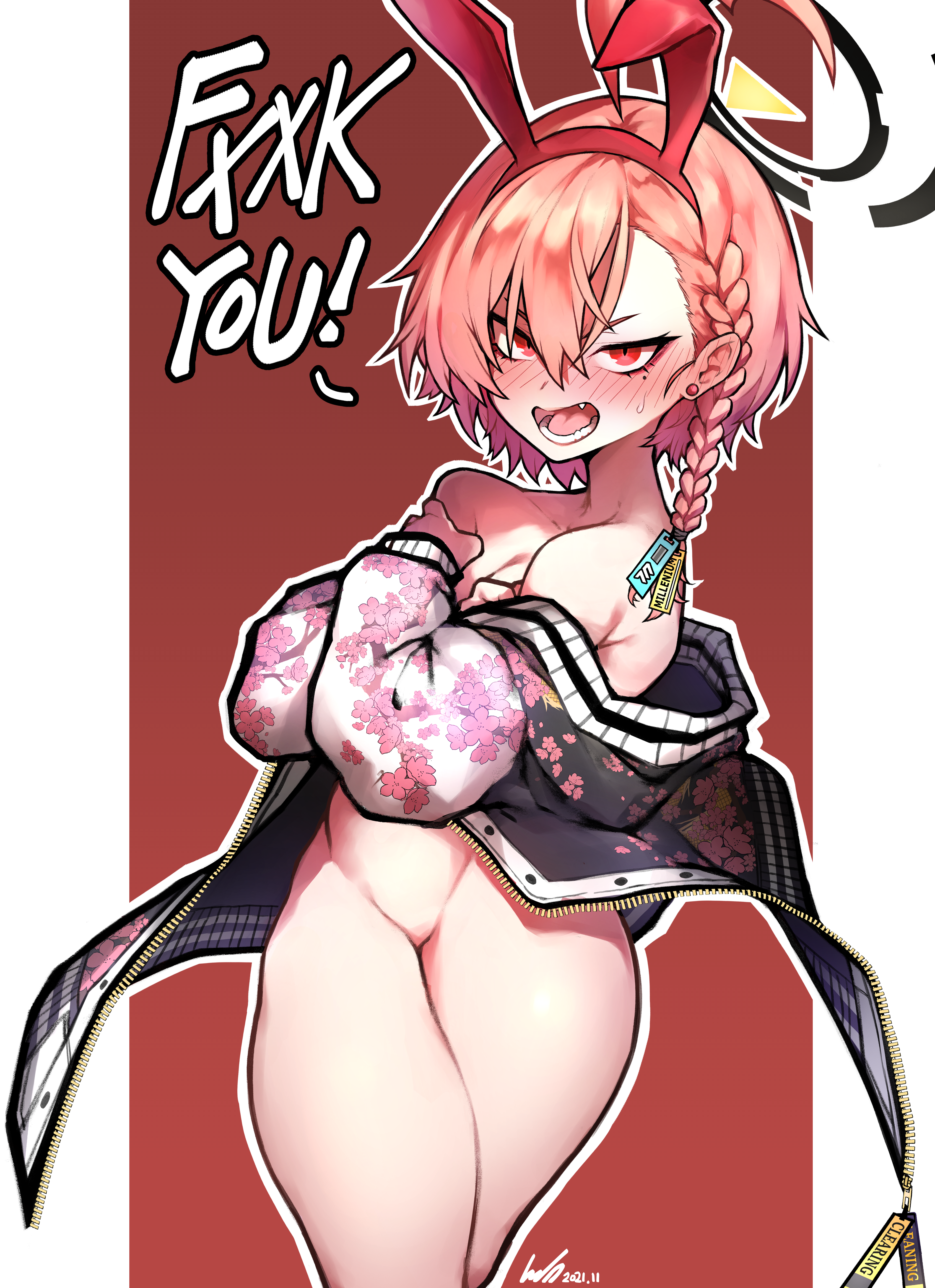 babo, absurdres, english commentary, highres, angry, animal ears, blue archive, braid, bunny ears, convenient leg, covering, covering breasts, crossed arms, fake animal ears, female, floral print, halo, jacket, letterman jacket, mole, mole under eye, naked jacket, neru (blue archive), oerba yun fang, off shoulder, open clothes, open jacket, pink hair, profanity, rabbit ears, red eyes, scowl, short hair, side braid, solo, thick thighs, thighs, wide hips, 
