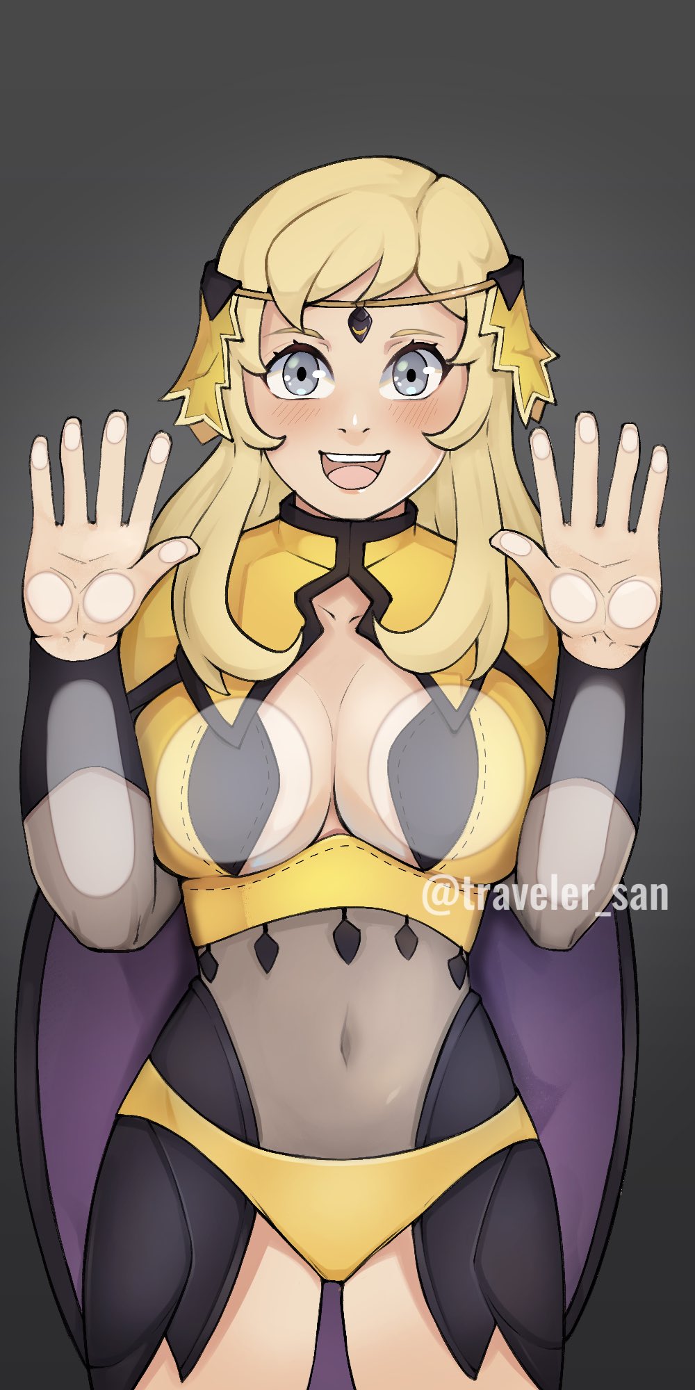 traveler san, ophelia, ophelia (fire emblem), fire emblem, fire emblem fates, against glass, blonde hair, breast press, breasts against glass, breasts press, cleavage, grey eyes, happy, smile, 