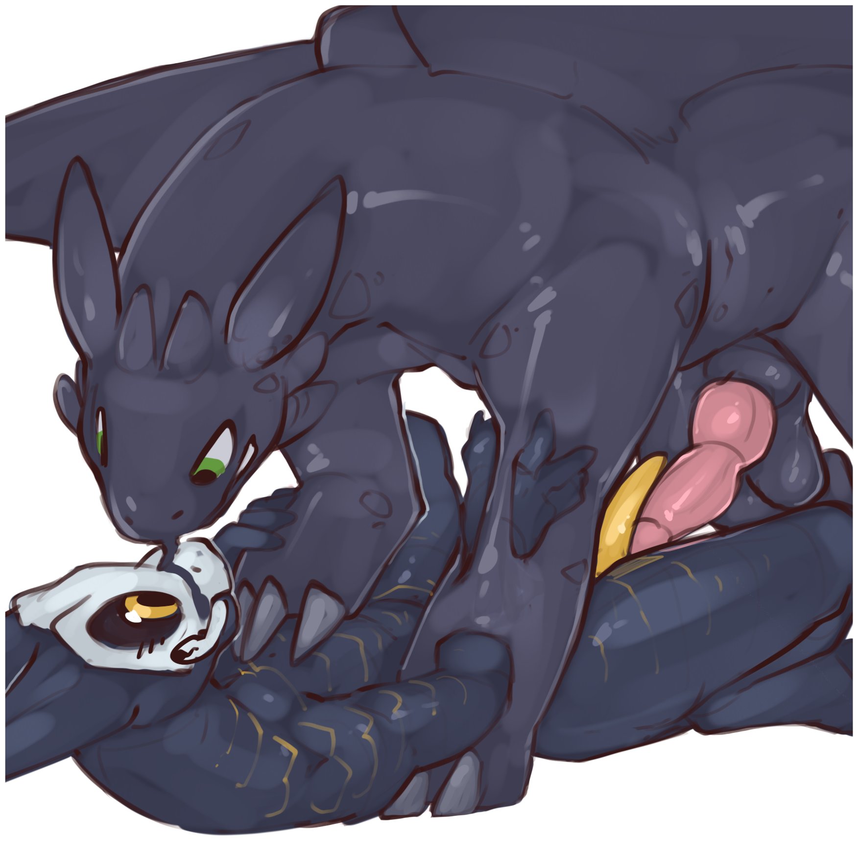 redishdragie, nargacuga, toothless, capcom, dreamworks, how to train your dragon, monster hunter, hi res, amber eyes, anthro, balls, black body, claws, dragon, duo, erection, feral, flying wyvern, genitals, goo creature, green eyes, male, membrane (anatomy), membranous wings, night fury, penis, scalie, toe claws, unit6, video games, western dragon, wings, 