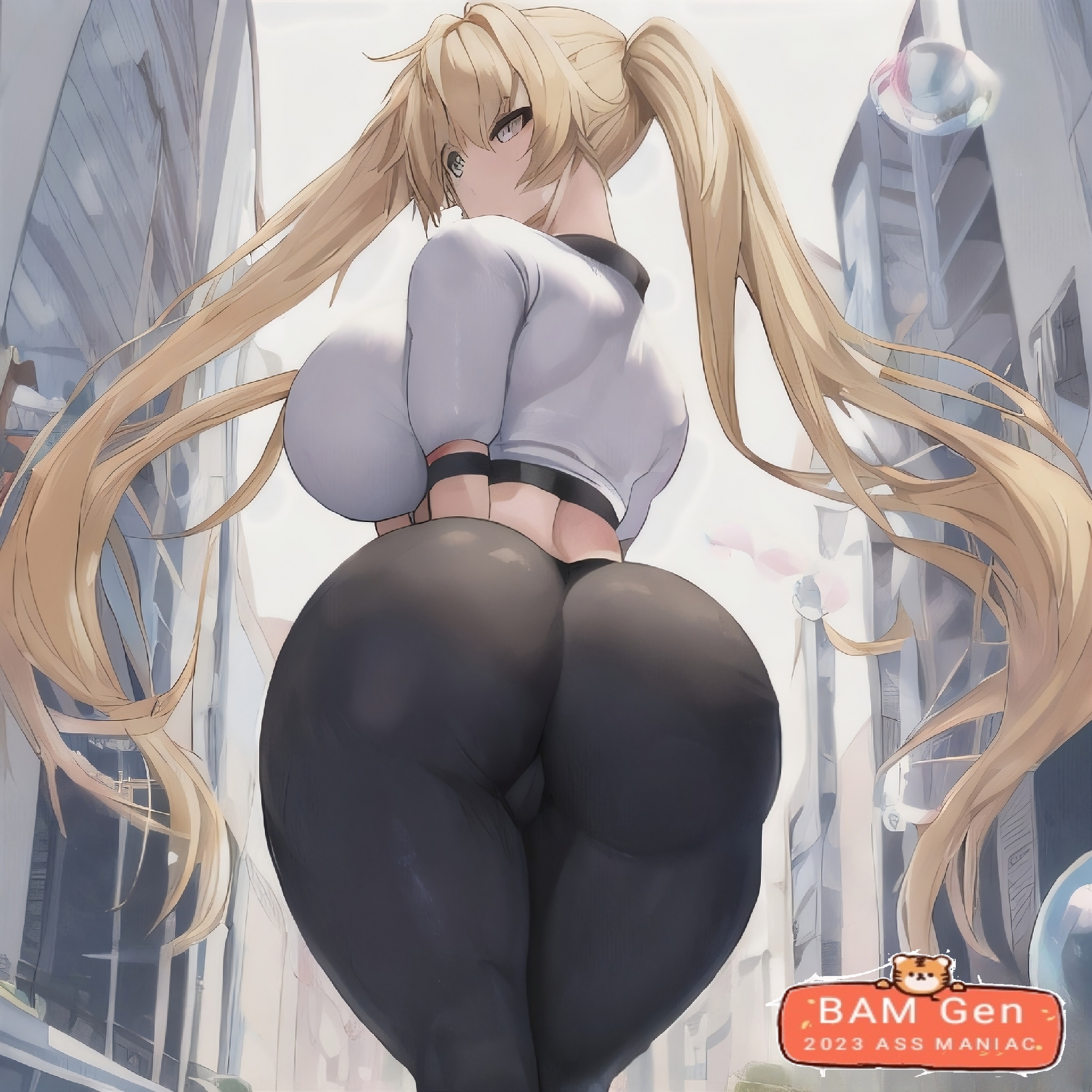 1girls, ai generated, ass, bent over, big ass, big butt, blush, bubble ass, curvy, gigantic ass, huge ass, huge butt, leaning forward, long hair, looking at viewer, looking back at viewer, smile, solo, stable diffusion, standing, thick thighs, tight clothing, wide hips, yoga pants, 
