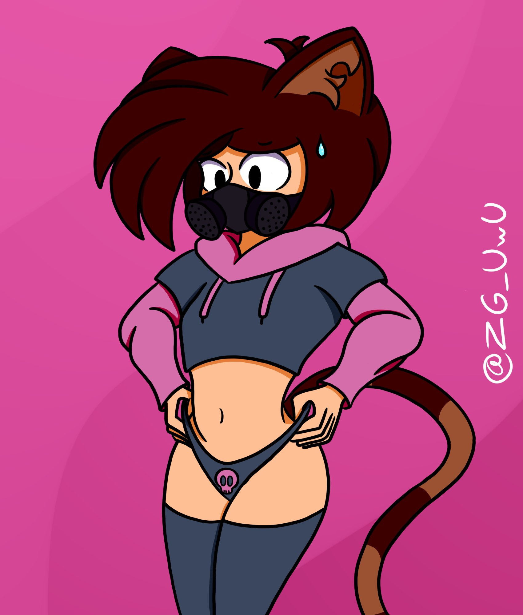 1boy adjusting_clothes artist_name belly_button big_thighs black_eyes brown_hair cat_ears cat_tail eter_(zg)_(zg_uwu) face_mask femboy gas_mask hi_res highres male male_focus male_only meme meme_clothing neko original_character paggi_outfit simple_background simple_shading solo solo_focus tagme thighhighs two-tone_tail underwear white_skin zg_uwu