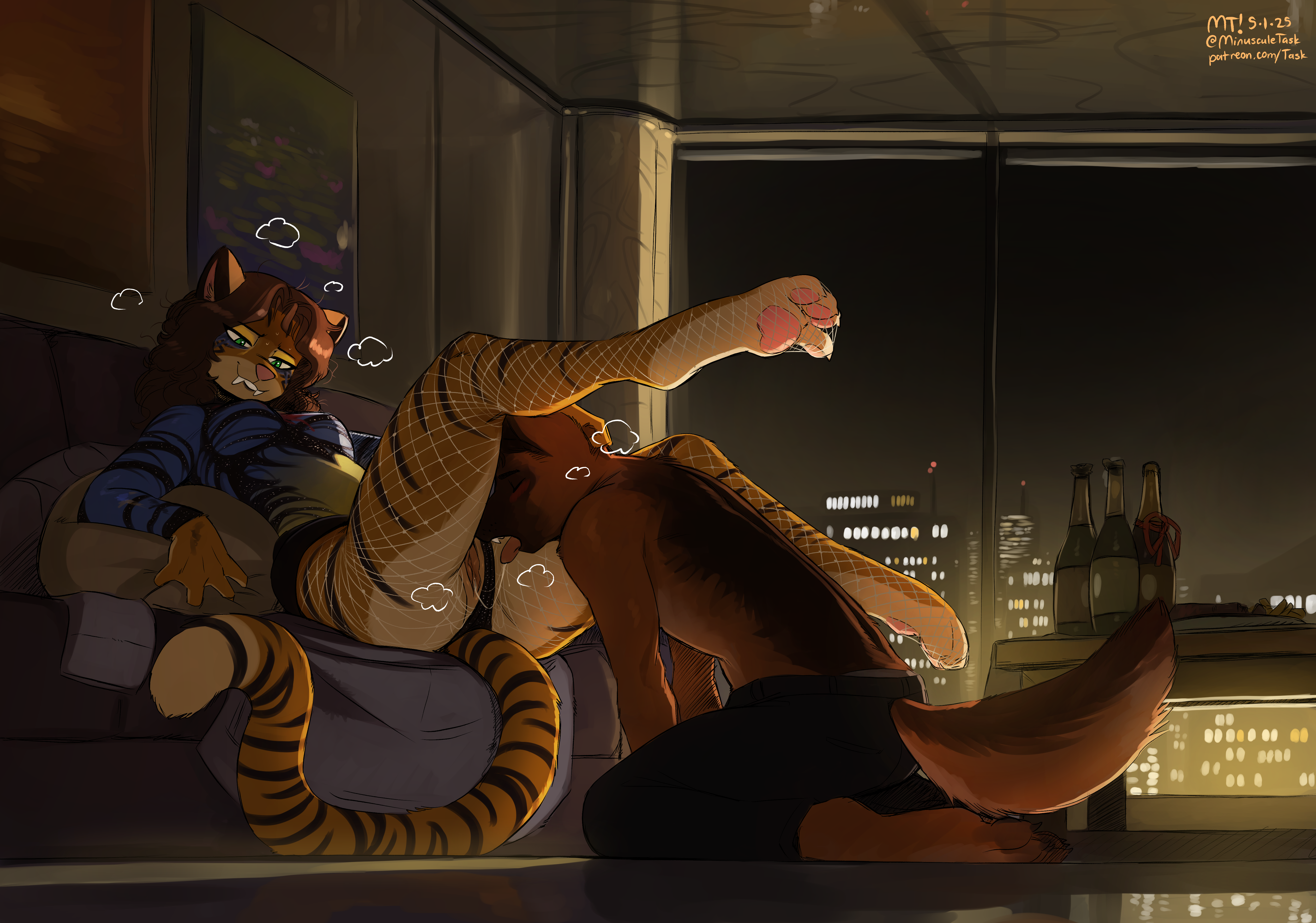 absurd_res alcohol_bottle alex_marx anthro blush bodily_fluids body_worship bodysuit breasts brown_body brown_fur brown_hair canid canine canis clothed clothing countershading crotch_sniffing cunnilingus detailed_background digital_media_(artwork) domestic_dog duo fangs felid female fishnet_clothing fishnet_legwear fur furniture genital_fluids genital_worship genitals german_shepherd green_eyes hair herding_dog hi_res kneeling legwear looking_down makeup male male/female mammal oral orange_body orange_fur pantherine pastoral_dog pawpads paws saliva saliva_string sex shirtless_male skinsuit sniffing sofa story story_at_source story_in_description striped_body striped_fur stripes tail teeth the-minuscule-task tiger tight_clothing tongue tongue_out vaginal_penetration vulva vulva_sniffing vulva_worship