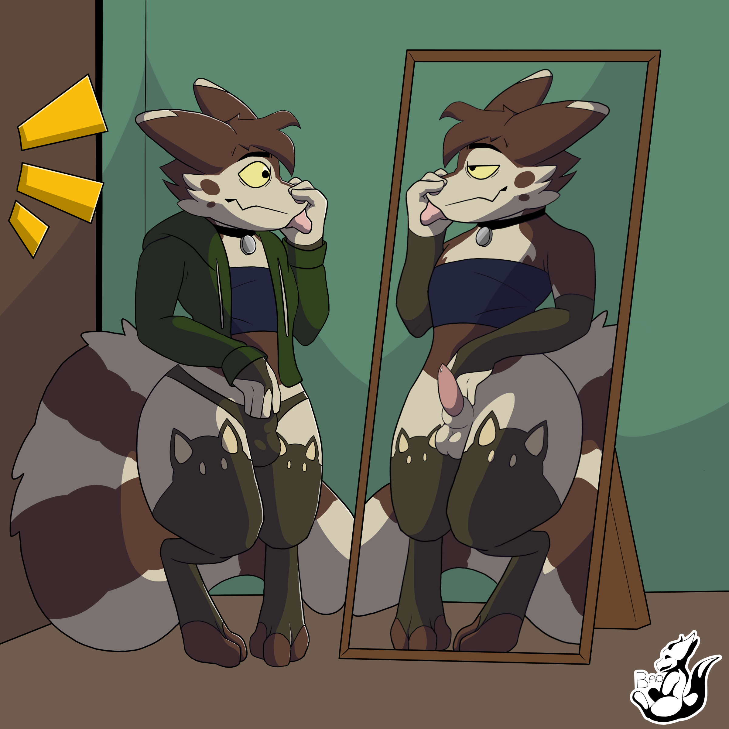 furret, pokemon (species), nintendo, absurd res, hi res, altered reflection, alternate costume, animal genitalia, anthro, arm warmers, armwear, balls, brown body, brown fur, bulge, choker, clothed, clothing, crossdressing, embarrassed, fitting room, fur, generation 2 pokemon, genitals, girly, jaebaobread, jewelry, legwear, looking at mirror, looking at object, male, mammal, mirror, multicolored body, multicolored fur, necklace, panties, penis, pokemon, reflection, sheath, solo, stockings, tadeo saffron, tan body, tan fur, tapering penis, topwear, two tone body, two tone fur, two tone tail, underwear, video games, yellow eyes, 