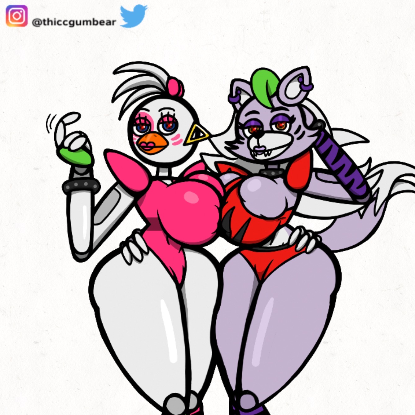 roxanne wolf (fnaf), shaded, 2girls, animatronic, big ass, big breasts, big butt, big nipples, bow, breast squeeze, chicken, choker, crop top, ear, earrings, eyebrows, eyelashes, fnaf, fnaf security breach, gauntlets, glamrock chica (fnaf), glowing, glowing eyes, gray body, green eyes, grey skin, lips, lipstick, piercing, red eyes, robot, robot girl, shorts, shoulder pads, spiked bracelet, spiked collar, swimsuit, thighs, white body, white fur, white hair, wide hips, wide thighs, wolf, wolf ears, wolf tail, 