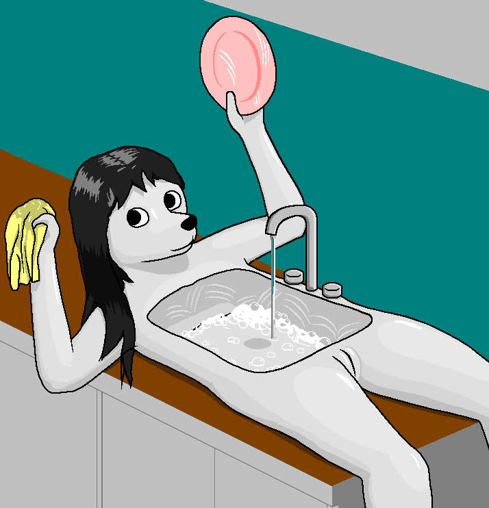 alternate version at source, digital media (artwork), animate inanimate, anthro, black hair, canid, canine, canis, daleport996, domestic dog, female, genitals, hair, holding object, kitchen, kitchen sink, long hair, lying, mammal, nude, on back, on counter, pussy, solo, white body, 