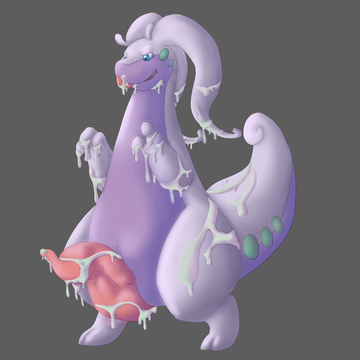 kairyu211, goodra, nintendo, 2016, grey background, simple background, 1boy, animal genitalia, big penis, blue eyes, dragon, erection, feet, feral, genital slit, grin, huge cock, licking, licking lips, male, male only, nude, penis, pokemon, precum, rape face, scalie, slime, slit, smile, smirk, solo, standing, tail, tapering penis, teeth, tongue, tongue out, video games, wide hips, 