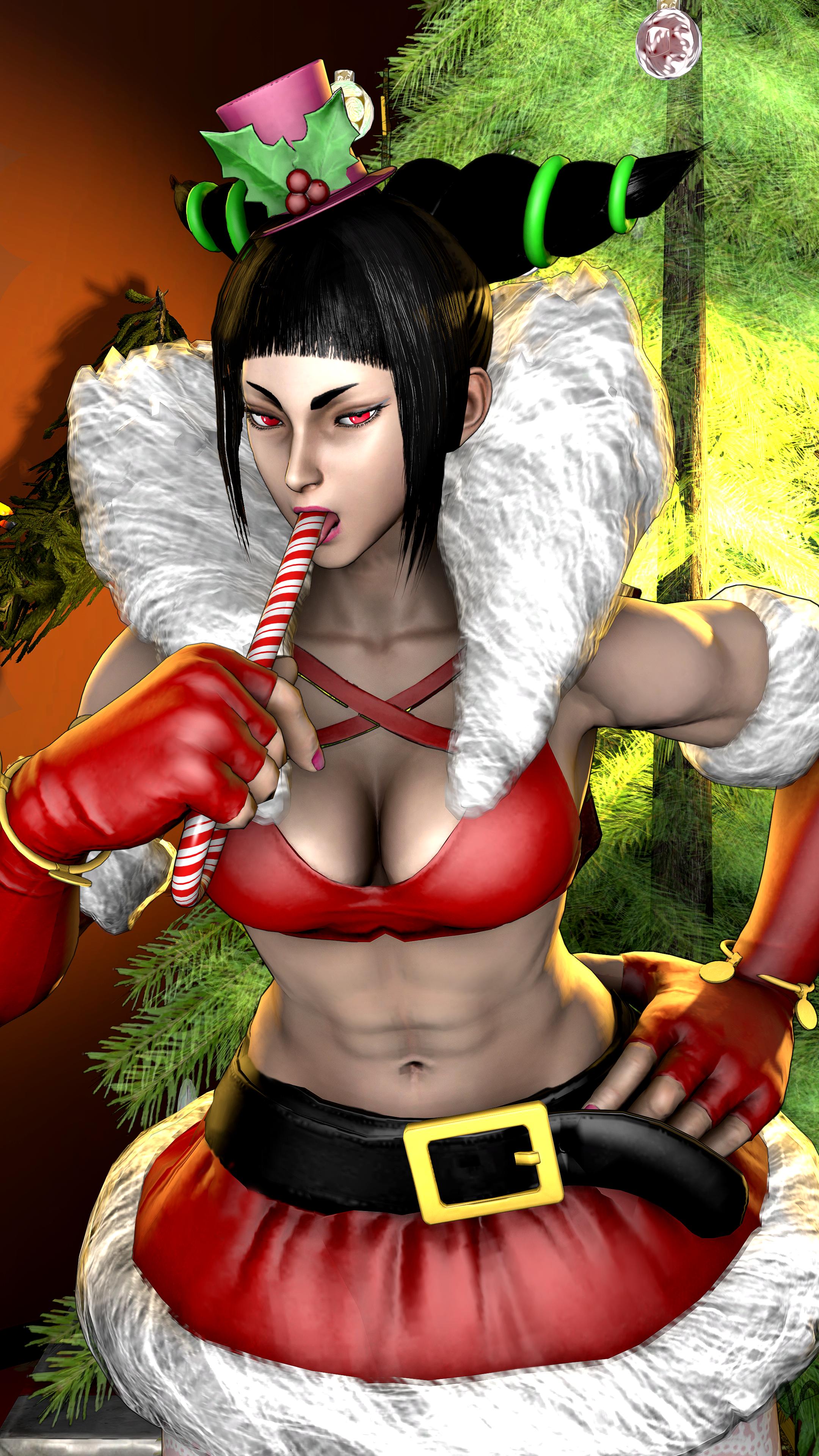 smokescreen117, juri han, capcom, christmas, street fighter, street fighter v, 2016, 3d, highres, source filmmaker, 1girls, 5 fingers, abs, bare shoulders, belt, big breasts, black hair, breasts, candy, candy cane, christmas tree, costume, drill hair, eyebrows, eyelashes, female, female only, fingerless gloves, hands, human, lipstick, looking at viewer, nail polish, nose, pink eyes, pink lipstick, pink nails, santa hat, shiny, shiny skin, solo, teeth, tongue, tongue out, 