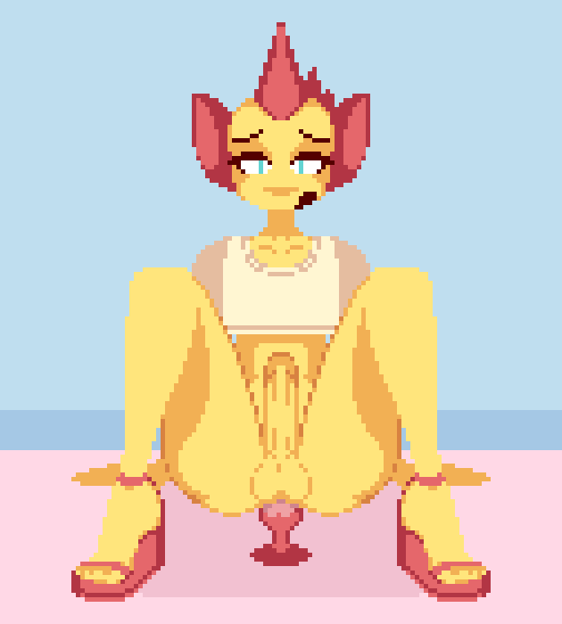 animated, pixel art, simple background, ahe gao, blue eyes, corsic, dildo, dildo in ass, dildo penetration, dildo sitting, femboy, footwear, girly, high heels, horns, knot, knotted dildo, knotting, male, male only, mondealy, partially clothed, penis, pixel, pixel animation, red hair, shirt, simple shading, solo, solo male, yellow body, yellow skin, 