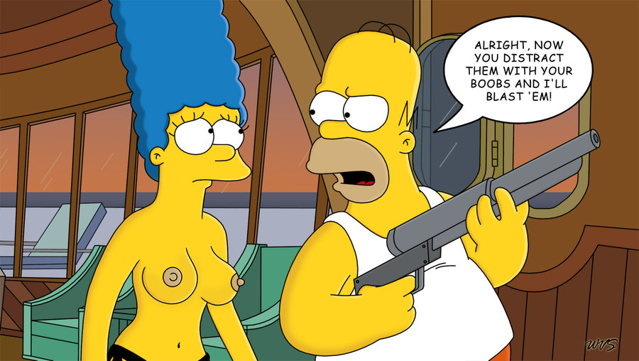wvs, homer simpson, marge simpson, the simpsons, color, english text, tagme, text, 1boy1girl, balding, blue hair, breasts, clothes, day, erect nipples, female, gun, hair, holding weapon, human, indoors, male, nipples, rifle, topless, weapon, yellow skin, 