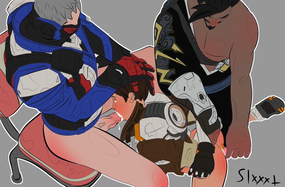 sixxxt, hanzo, soldier 76, tracer, blizzard entertainment, overwatch, arms behind back, ass, buttplug, cum, cum in mouth, dildo, fellatio, female, hair grab, head grab, male, penis, straight, tears, 