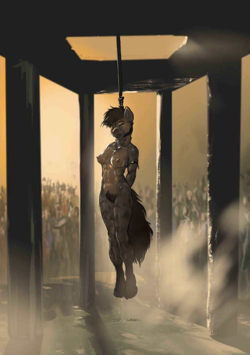 hi res, anthro, anthro only, asphyxiation, bodily fluids, breasts, death, digitigrade, execution, female, furry only, gallows, genital fluids, hadalmartian, hairy, hanging (disambiguation), hyaenid, jewelry, macabre, mammal, muscular, necklace, noose, nude, peeing, pubes, spots, urine, watersports, 