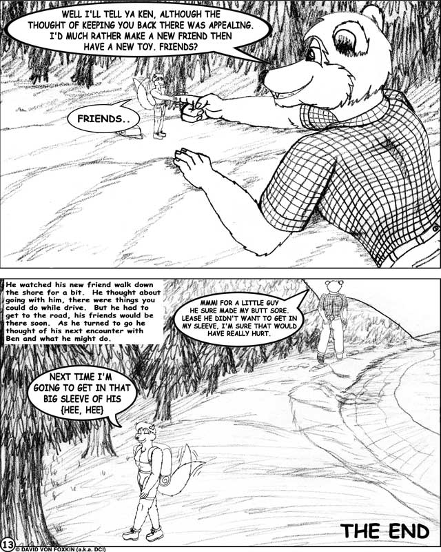 dci, 2002, 4:5, comic, english text, greyscale, monochrome, pencil (artwork), speech bubble, text, traditional media (artwork), anthro, backpack, biped, bottomwear, canid, canine, clothed, clothing, dialogue, duo, footprint, fox, gesture, graphite (artwork), hair, handshake, holding butt, larger male, macro, male, male/male, mammal, micro, muscular, muscular male, size difference, size play, smaller male, topwear, ursid, 